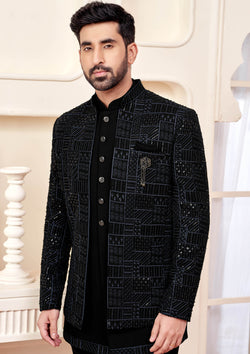 Elegant Black Jodhpuri Set With Shimmery Embroidery For Men