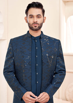 Royal Blue Indo Western Outfit With Exquisite Gold Embroidery