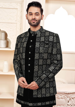 Luxurious Black Velvet Jodhpuri Set With Embroidery For Men
