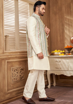 Men's Pastel Embroidery And Mirror Work Indo Western Set