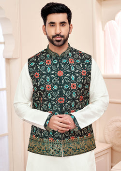 Majestic Black Embroidered Ethnic Men's Kurta Jacket Set