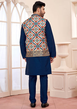 Royal Charm Blue Embroidered Ethnic Men's Kurta Jacket Set