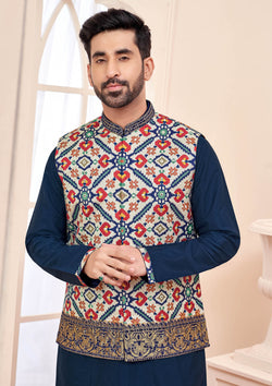 Royal Charm Blue Embroidered Ethnic Men's Kurta Jacket Set