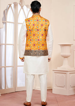 Sunlit Elegance White Kurta Set With Yellow Embroidered Jacket