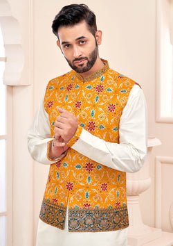 Sunlit Elegance White Kurta Set With Yellow Embroidered Jacket