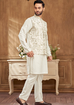 Men’s Ethnic Cream Kurta Set with Gold Embroidery Jacket