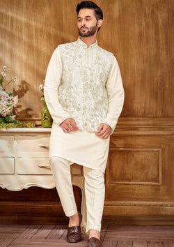 Men’s Ethnic Cream Kurta Set with Gold Embroidery Jacket