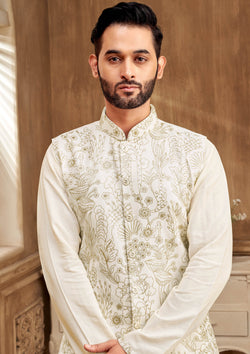 Men’s Ethnic Cream Kurta Set with Gold Embroidery Jacket