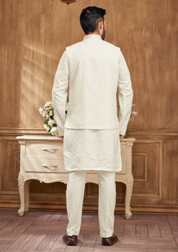 Men’s Ethnic Cream Kurta Set with Gold Embroidery Jacket
