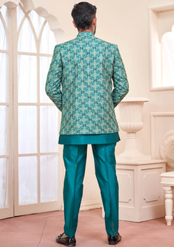 Blue Jodhpuri Set With Embroidered Jacket For Men