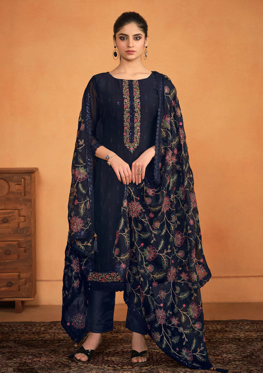 Traditional Navy Color Embroidered Georgette Suit