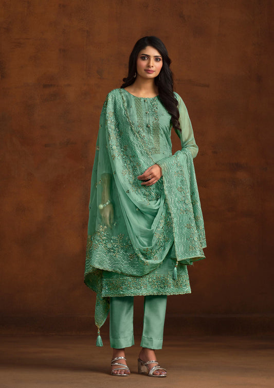 Sea Green Color Embroidered Organza Suit
