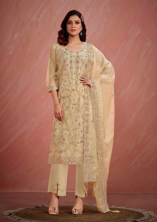 Beige Color Embroidered Organza Straight Suit