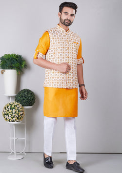 Orange Color Jacquard Silk Kurta With Nehru Jacket