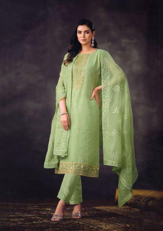 Pista Green Color Embroidered Organza Salwar Kameez For Traditional Occasions