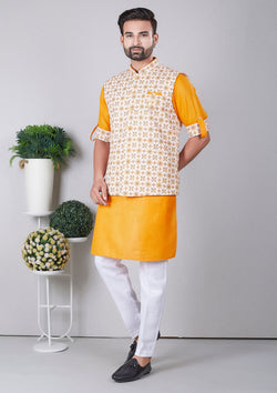 Orange Color Jacquard Silk Kurta With Nehru Jacket