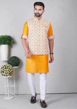 Orange Color Jacquard Silk Kurta With Nehru Jacket