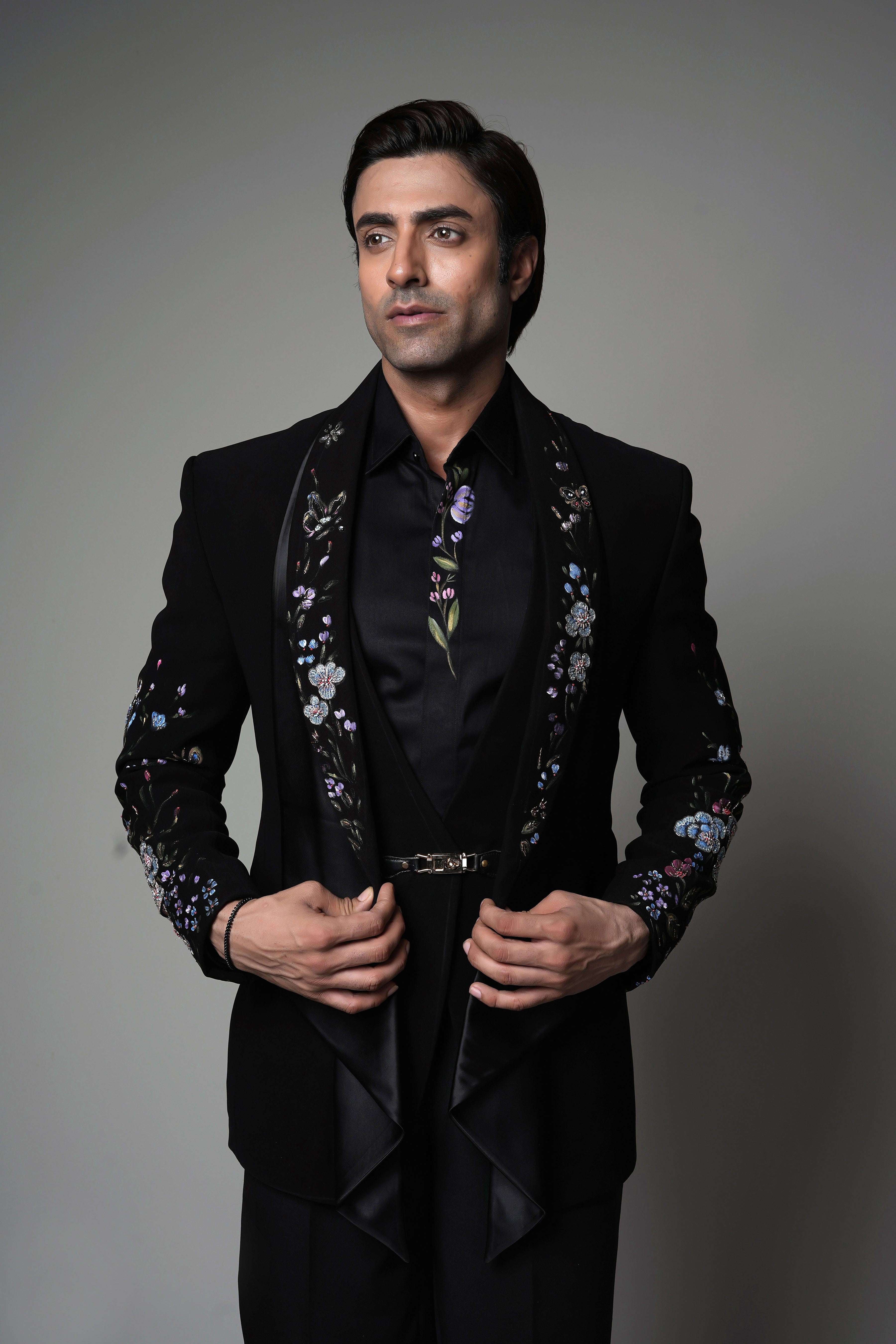 Black Embroidered Tuxedo Set with Satin Detailing