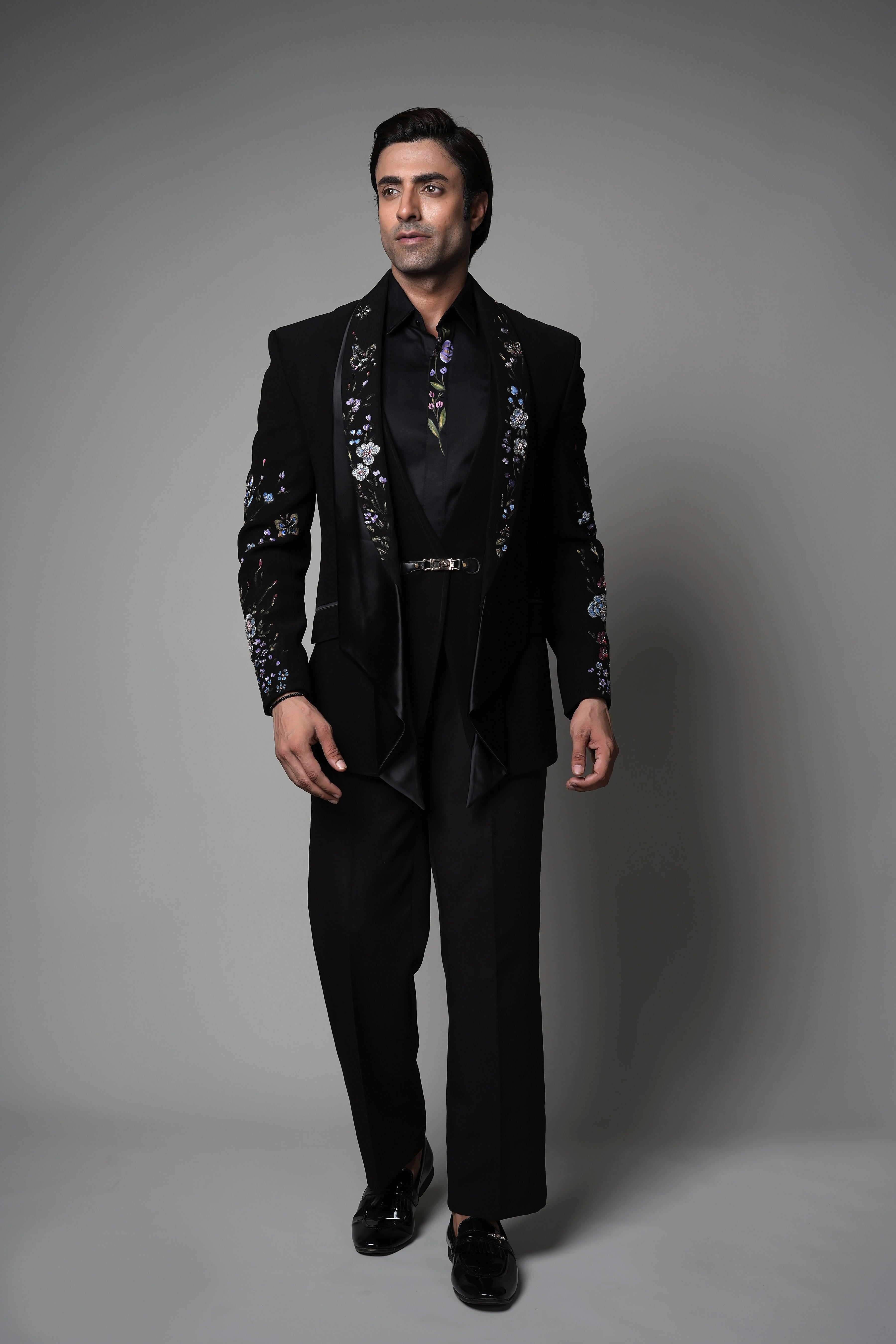 Black Embroidered Tuxedo Set with Satin Detailing