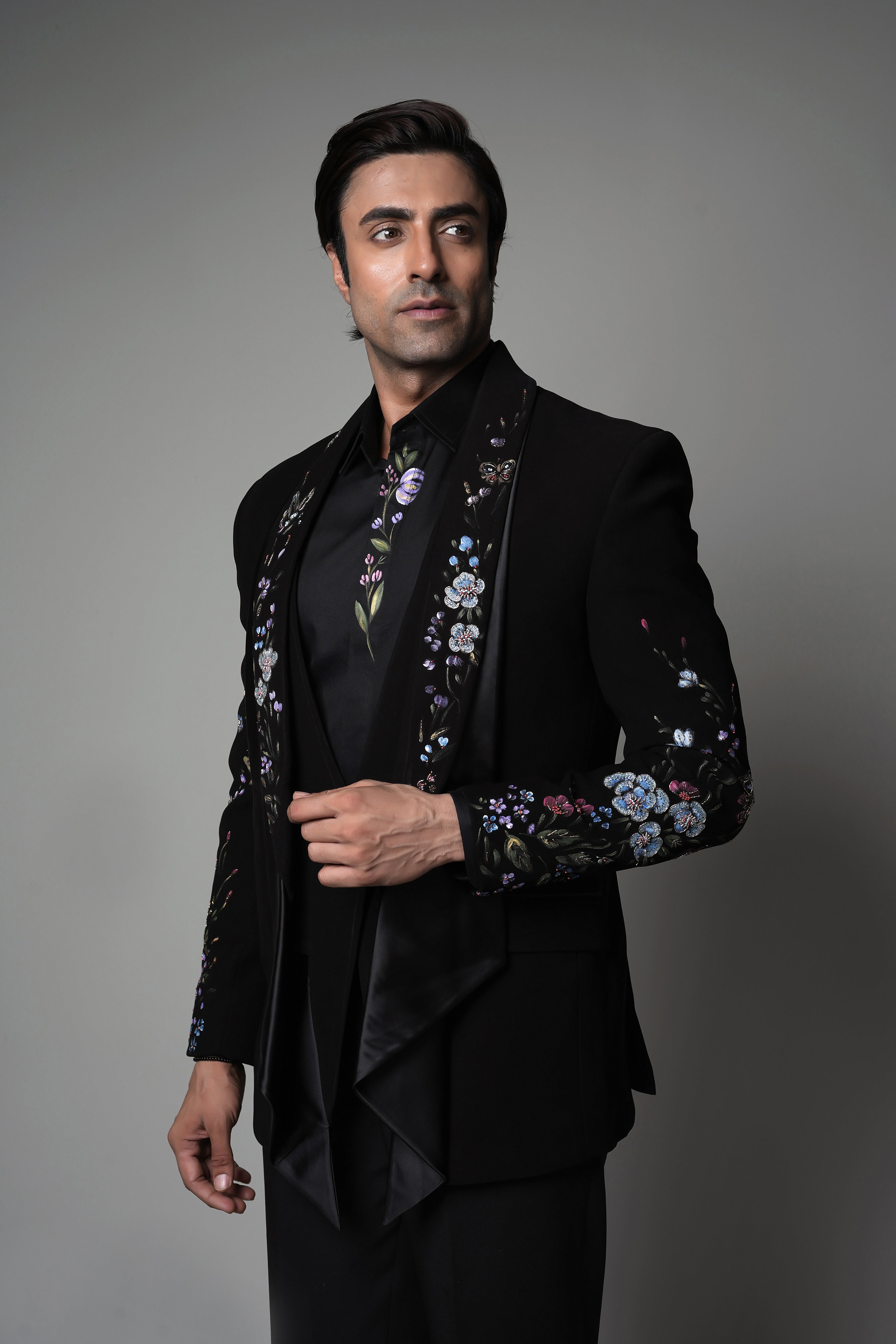 Black Embroidered Tuxedo Set with Satin Detailing