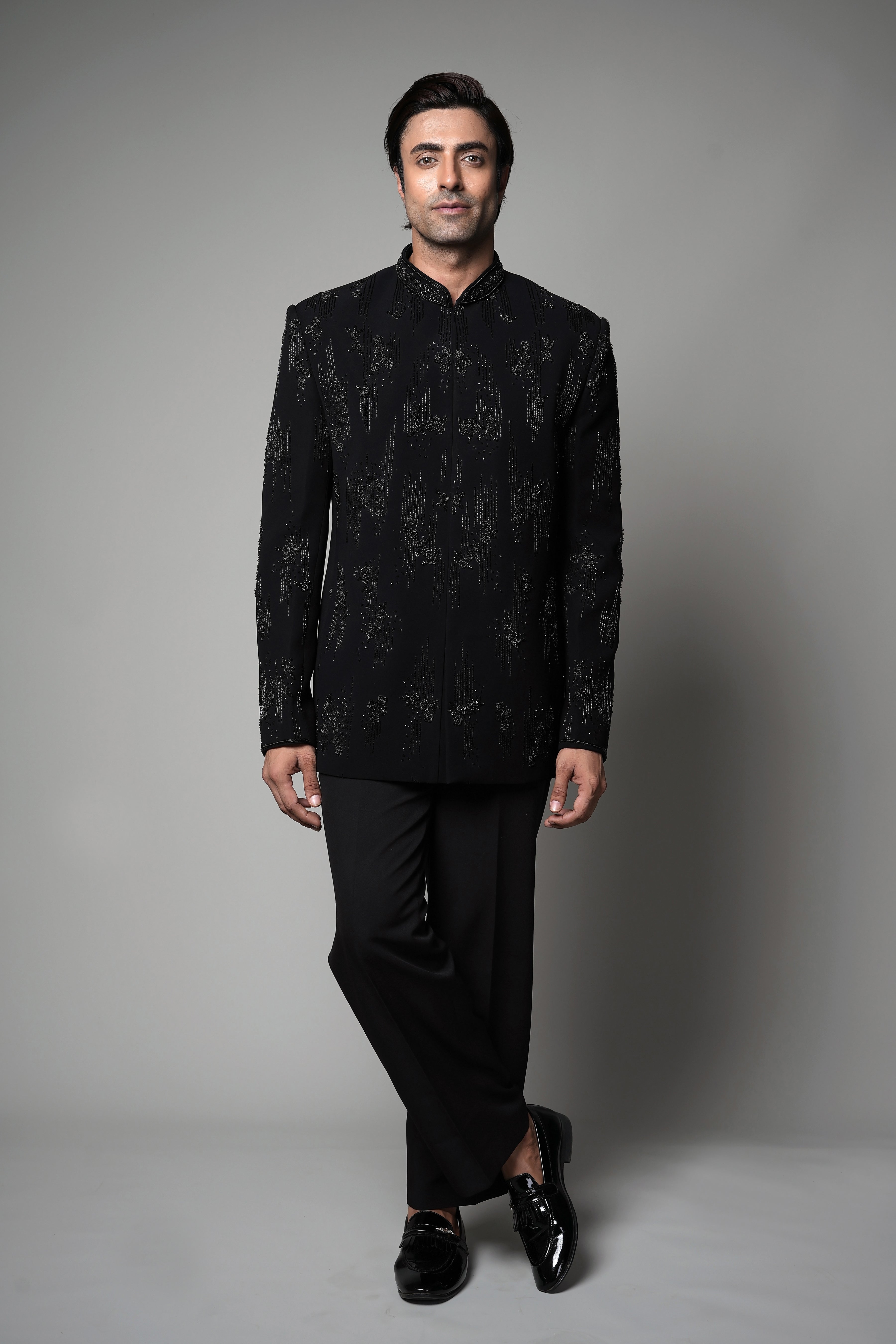 Black Hand-Embroidered Bandhgala Suit