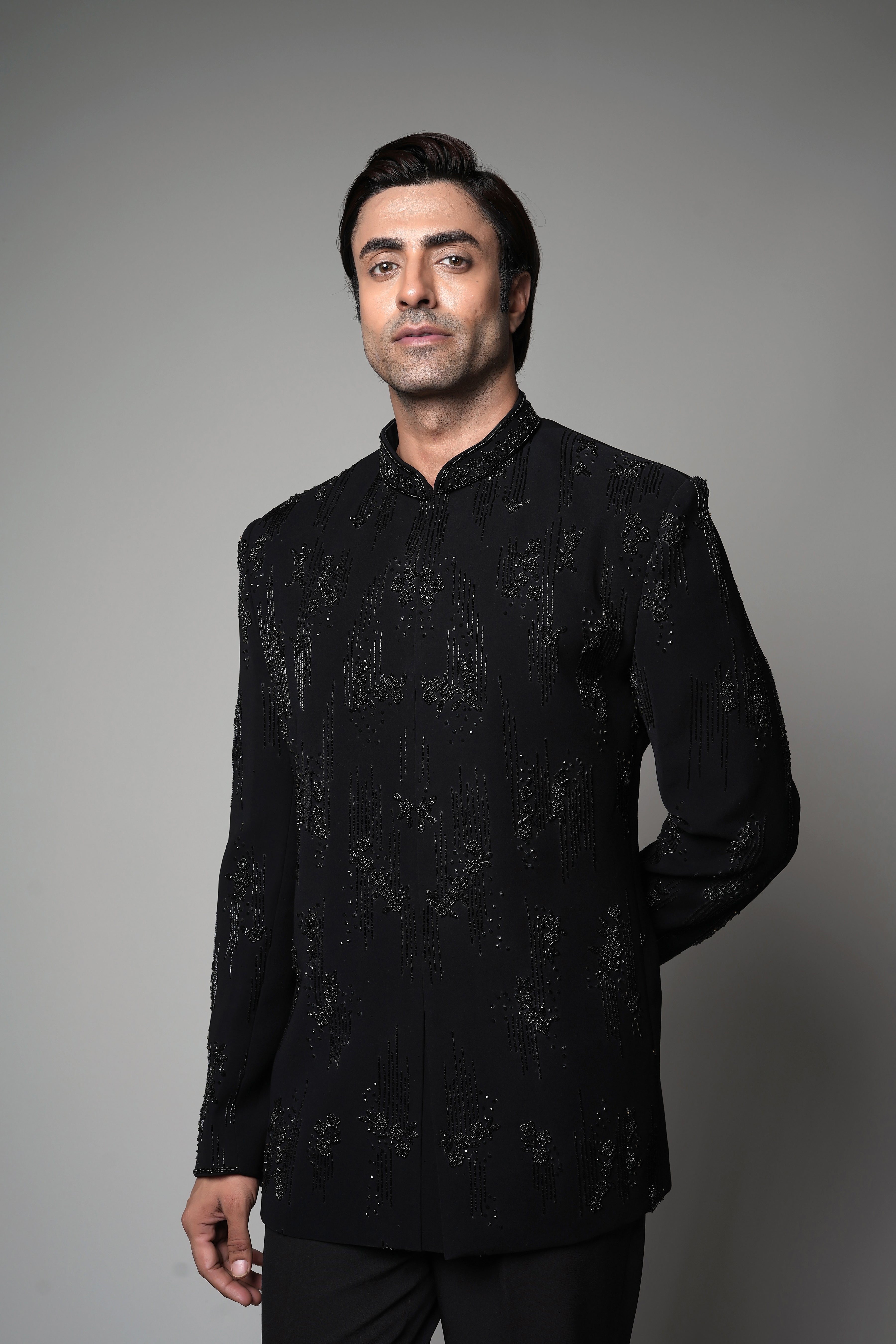 Black Hand-Embroidered Bandhgala Suit