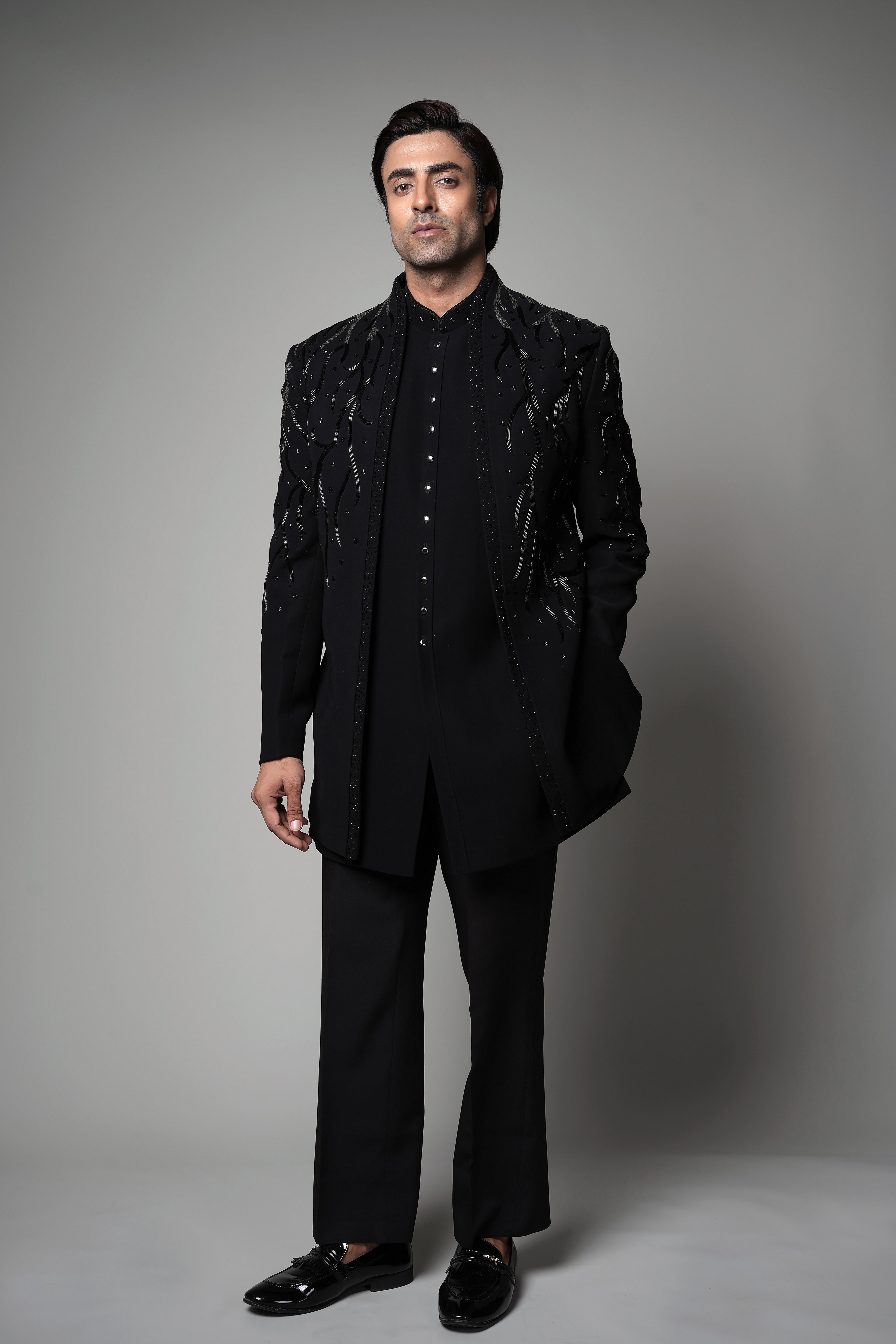 Black Embellished Designer open Indo western