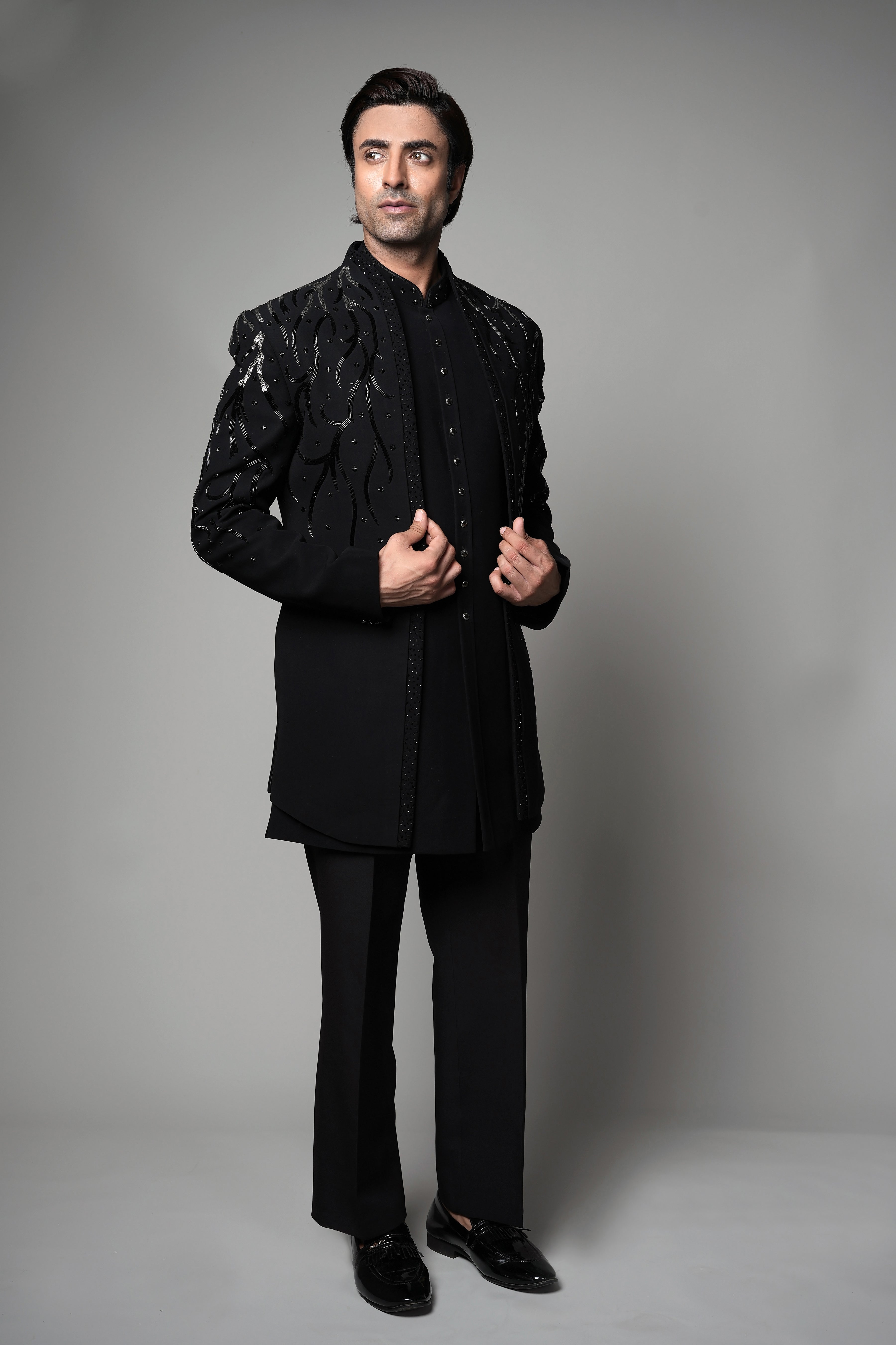 Black Embellished Designer open Indo western