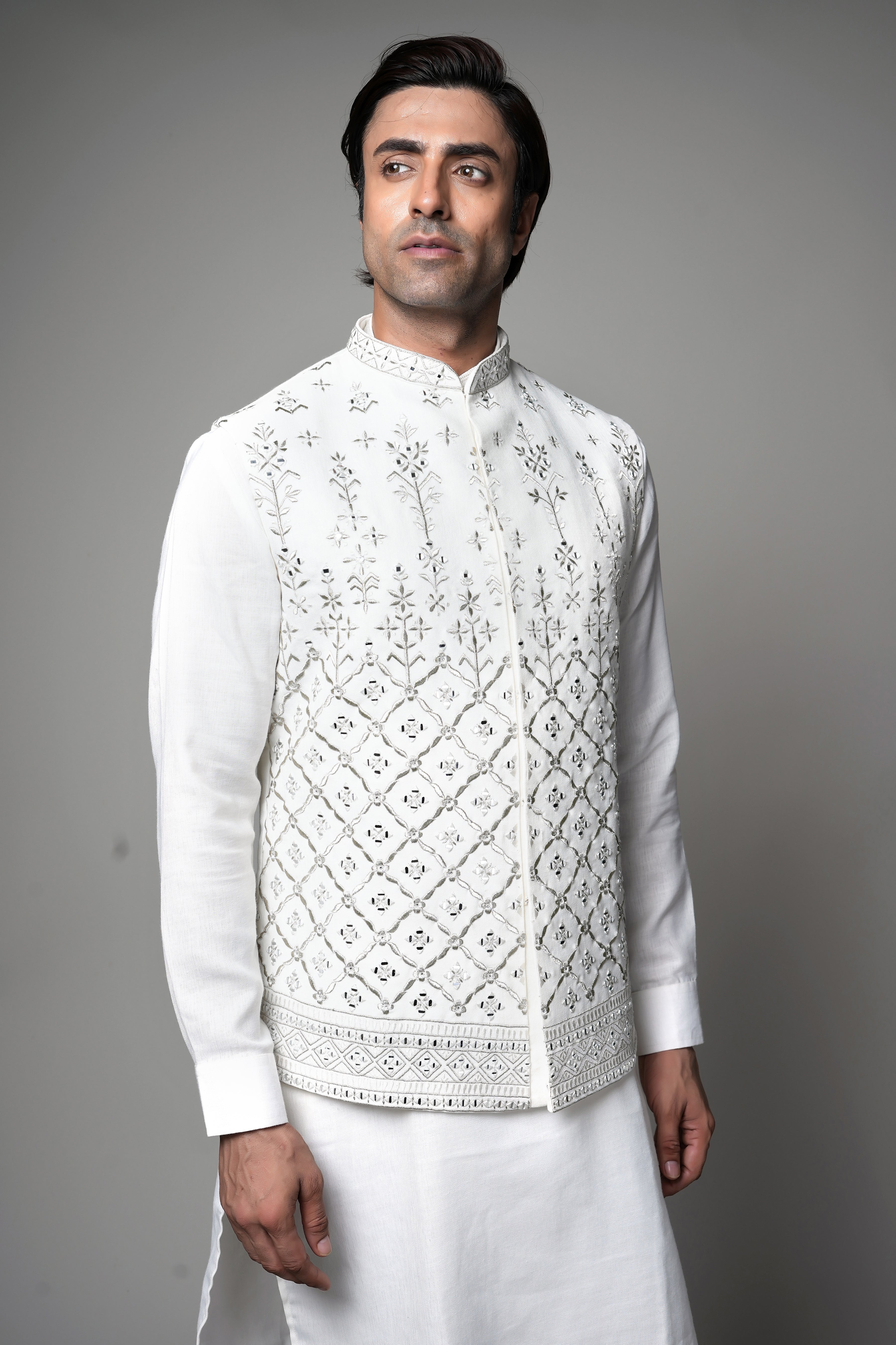 Ivory Mirror-Embroidered Waist coat with Kurta set