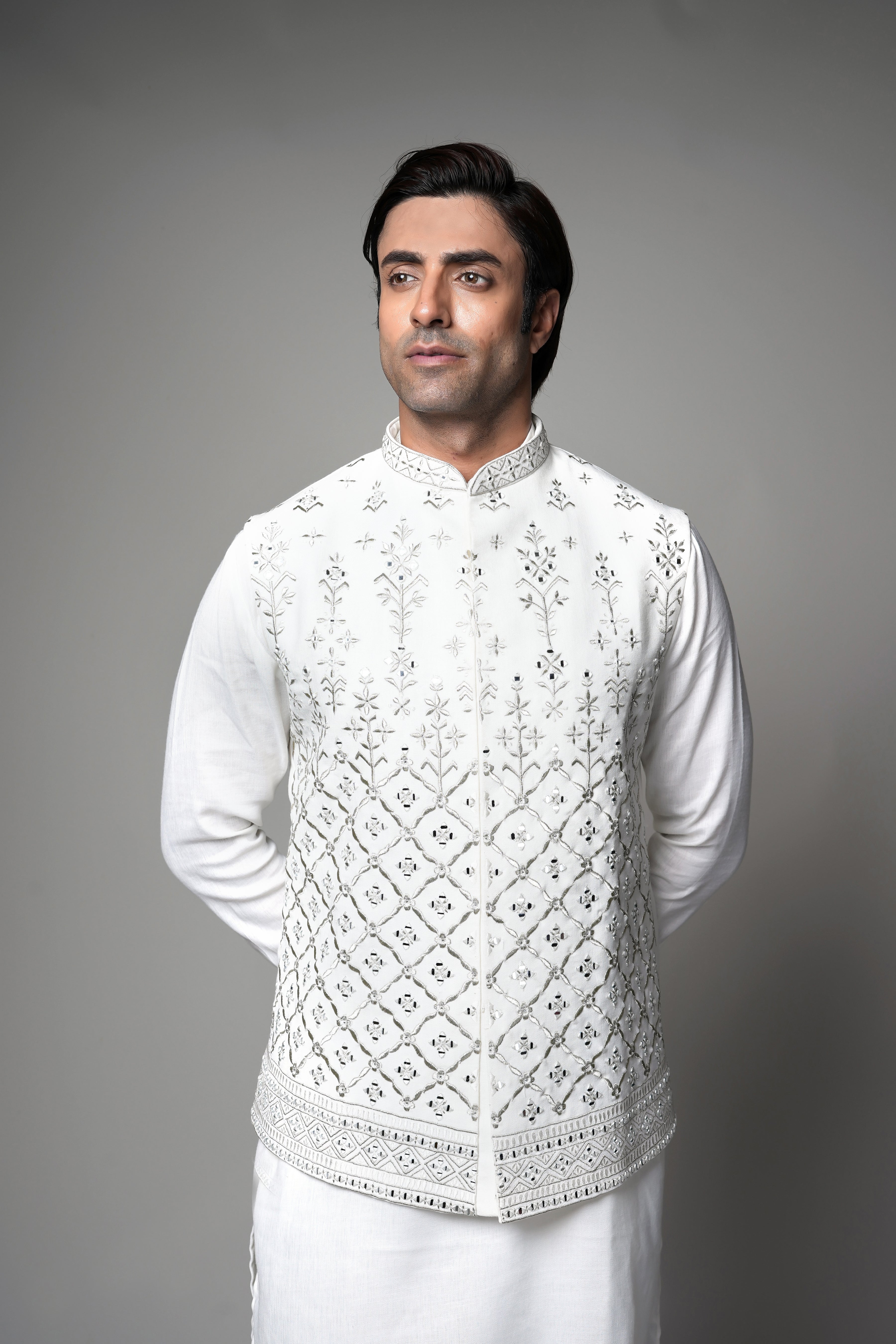 Ivory Mirror-Embroidered Waist coat with Kurta set