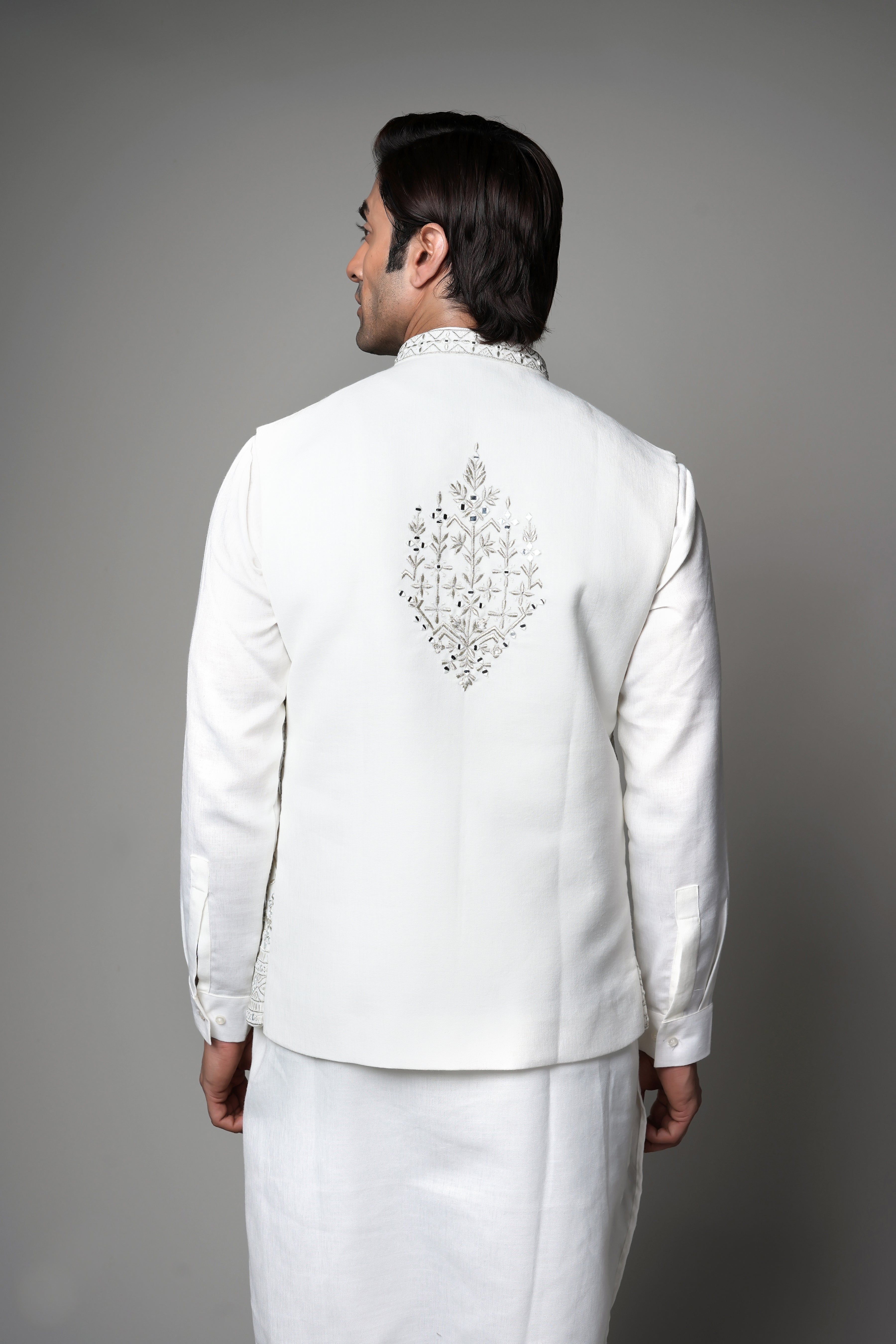 Ivory Mirror-Embroidered Waist coat with Kurta set
