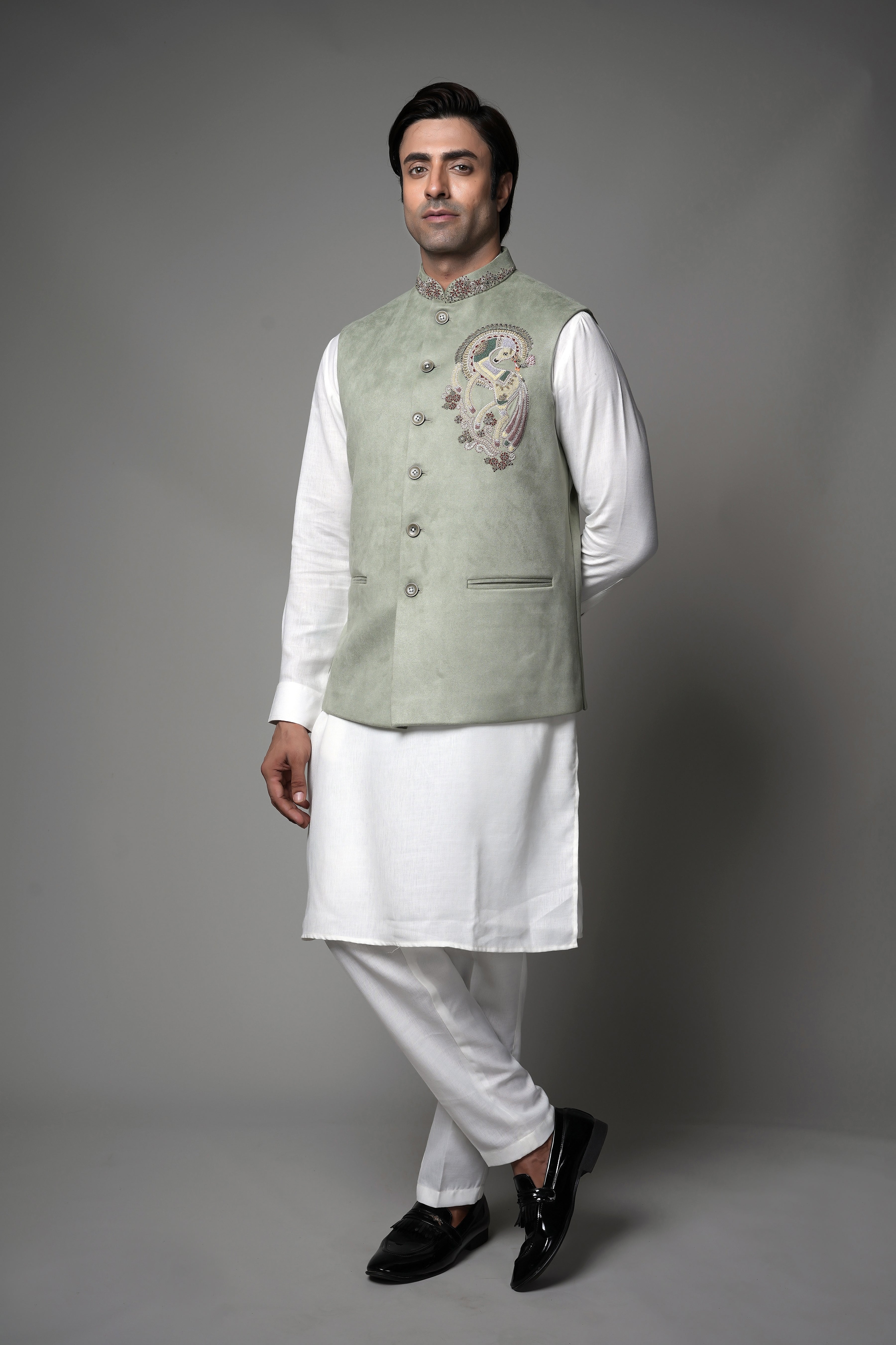 Mint Green Embroidered waist coat with kurta set
