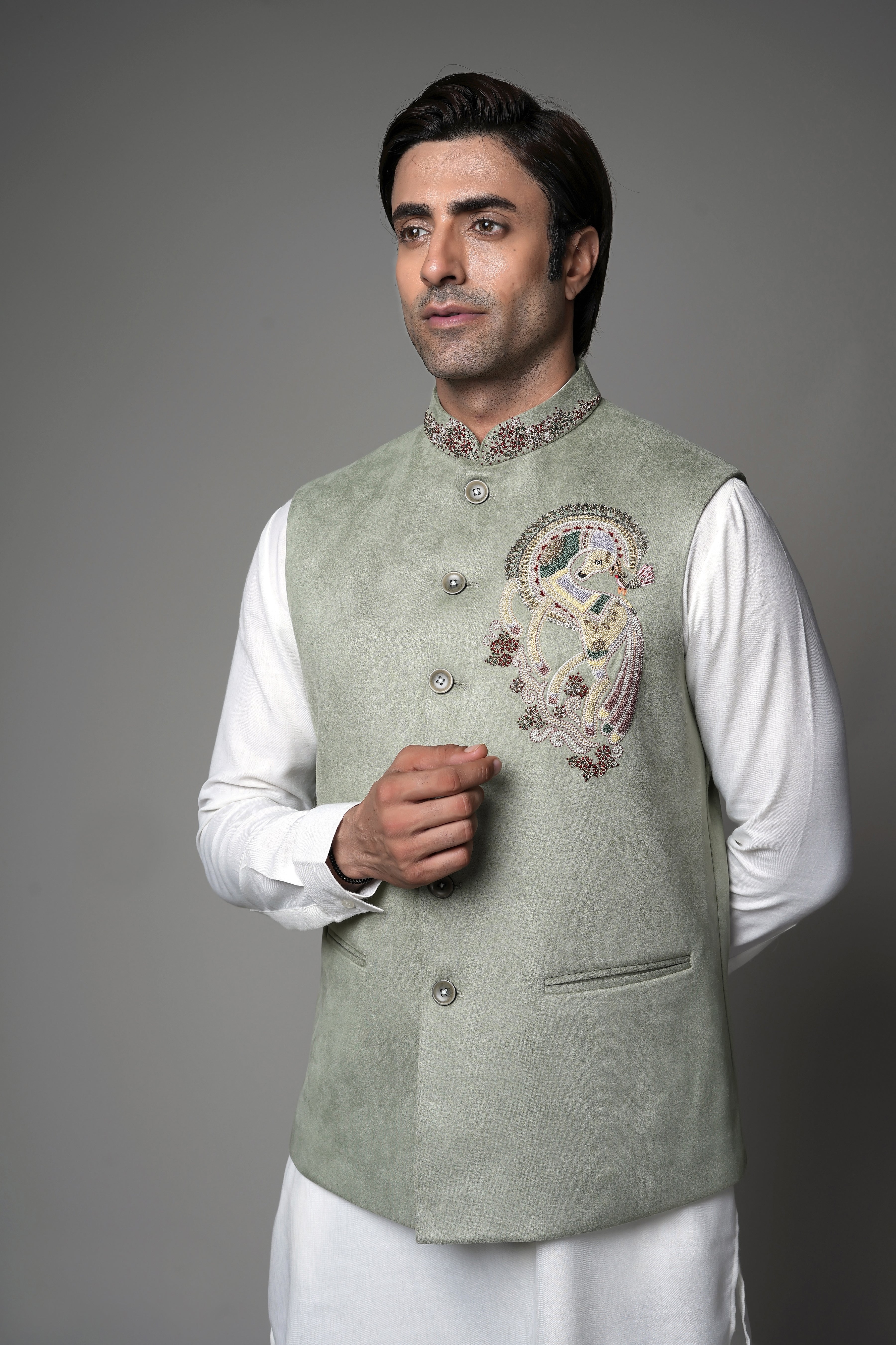 Mint Green Embroidered waist coat with kurta set