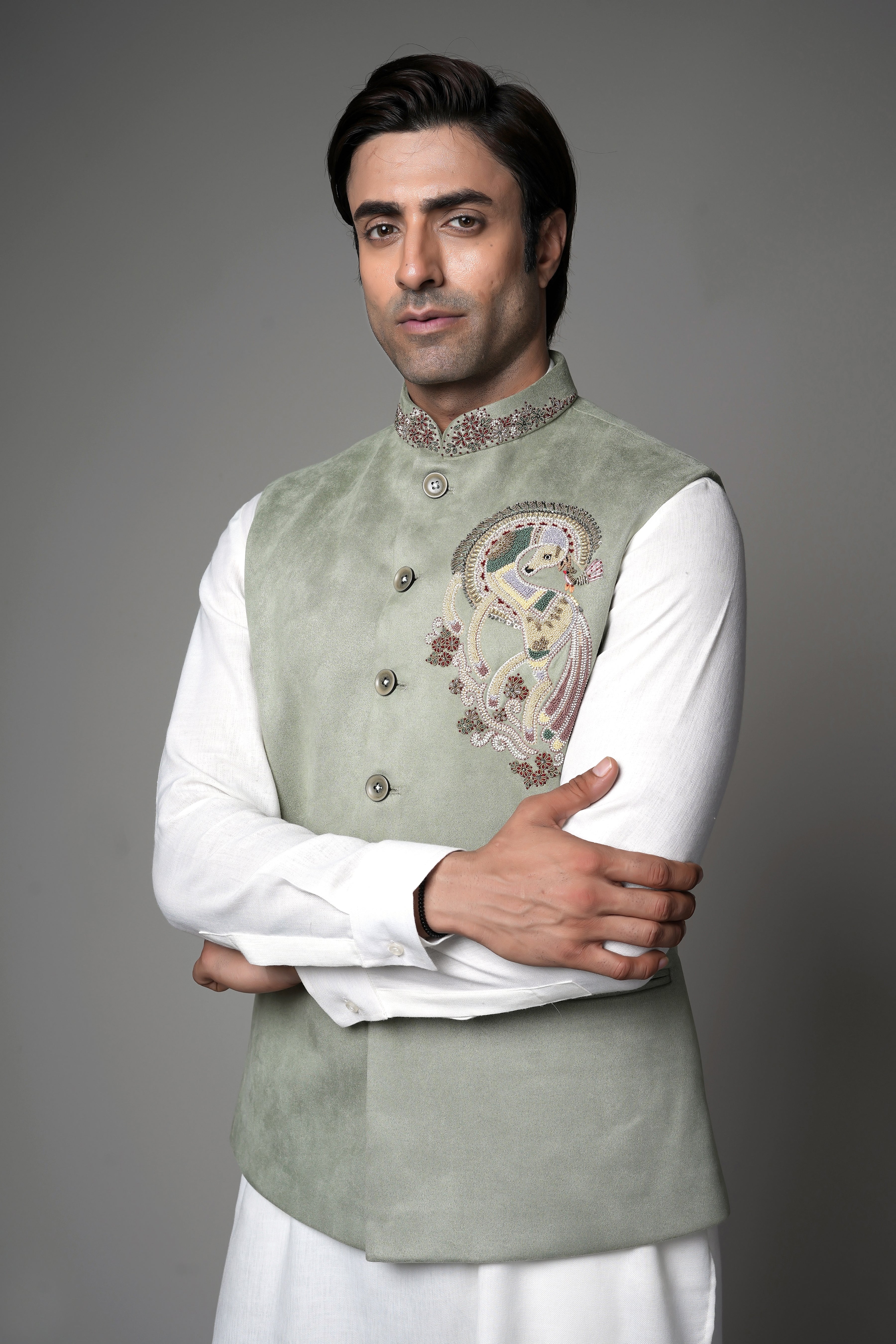Mint Green Embroidered waist coat with kurta set