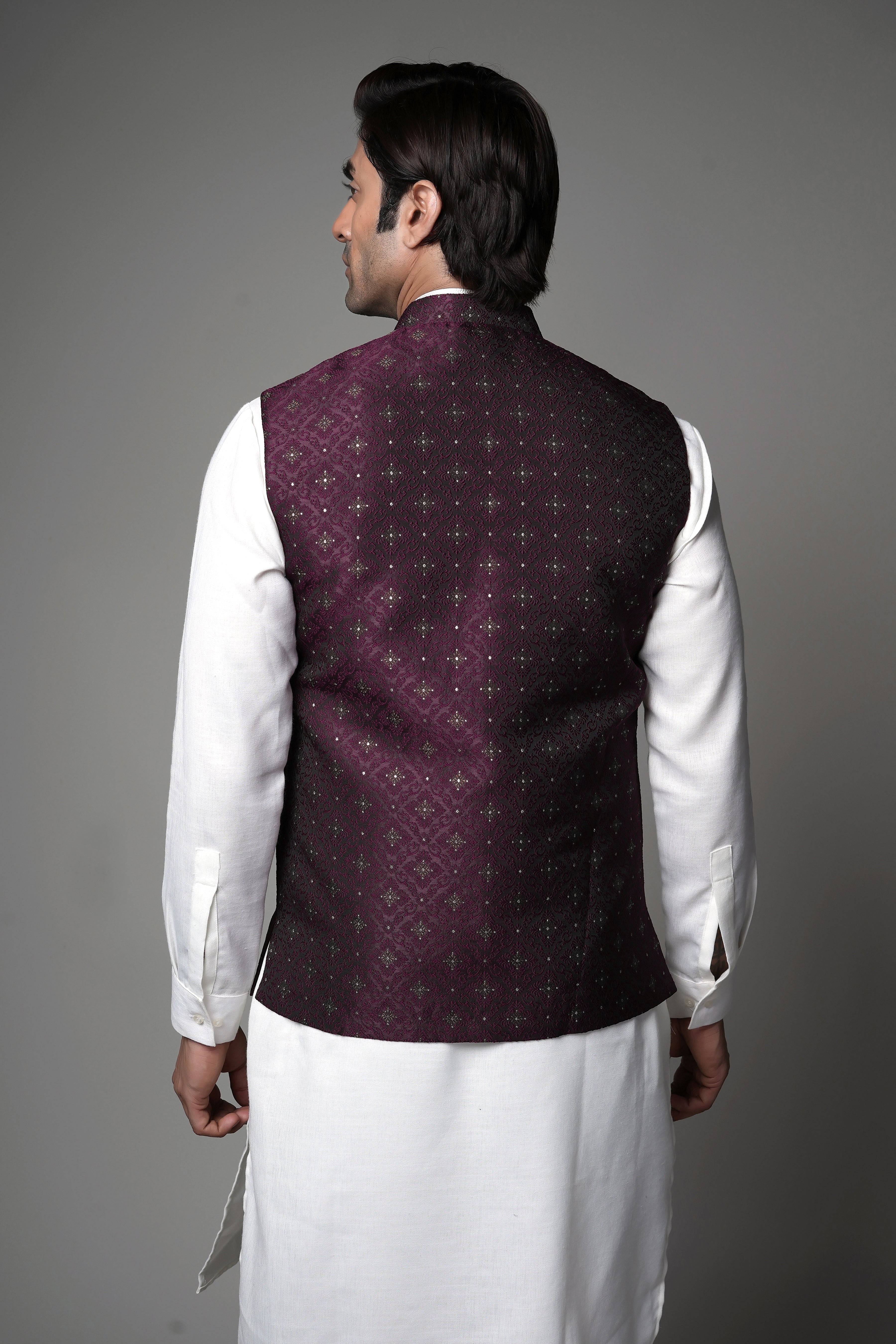 Wine Textured waist coat with kurta set