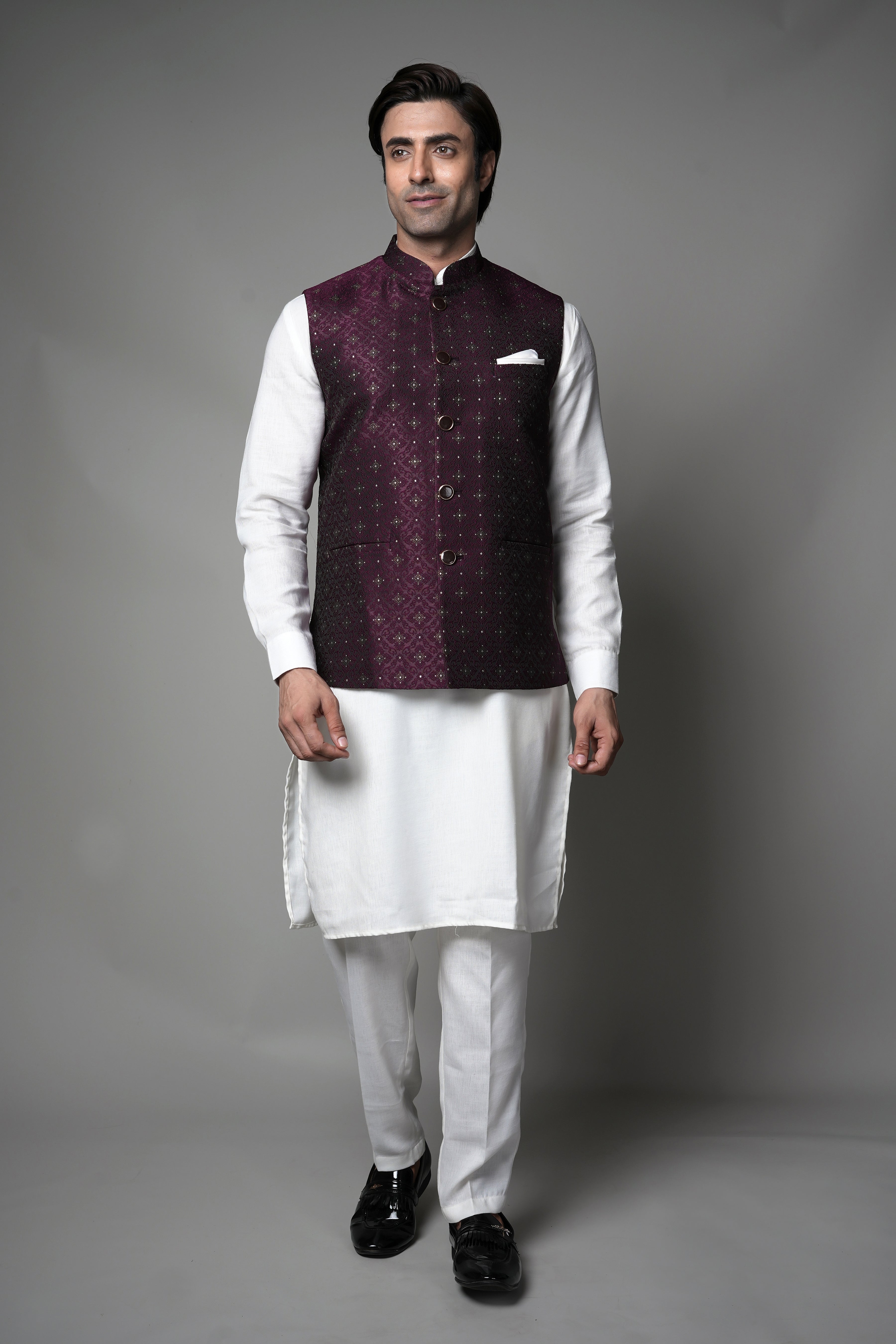 Wine Textured waist coat with kurta set