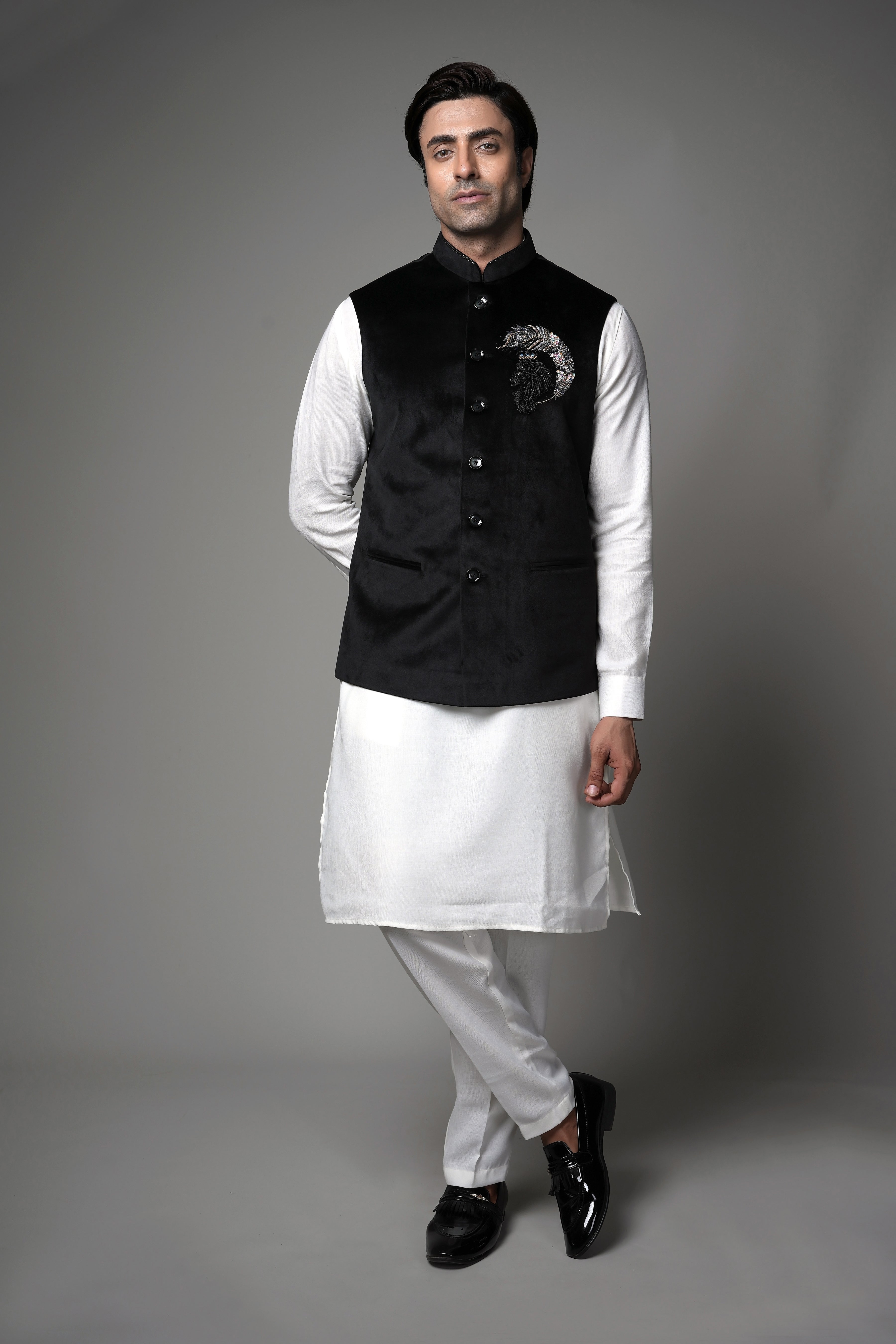 Black Velvet Embroidered waist coat set