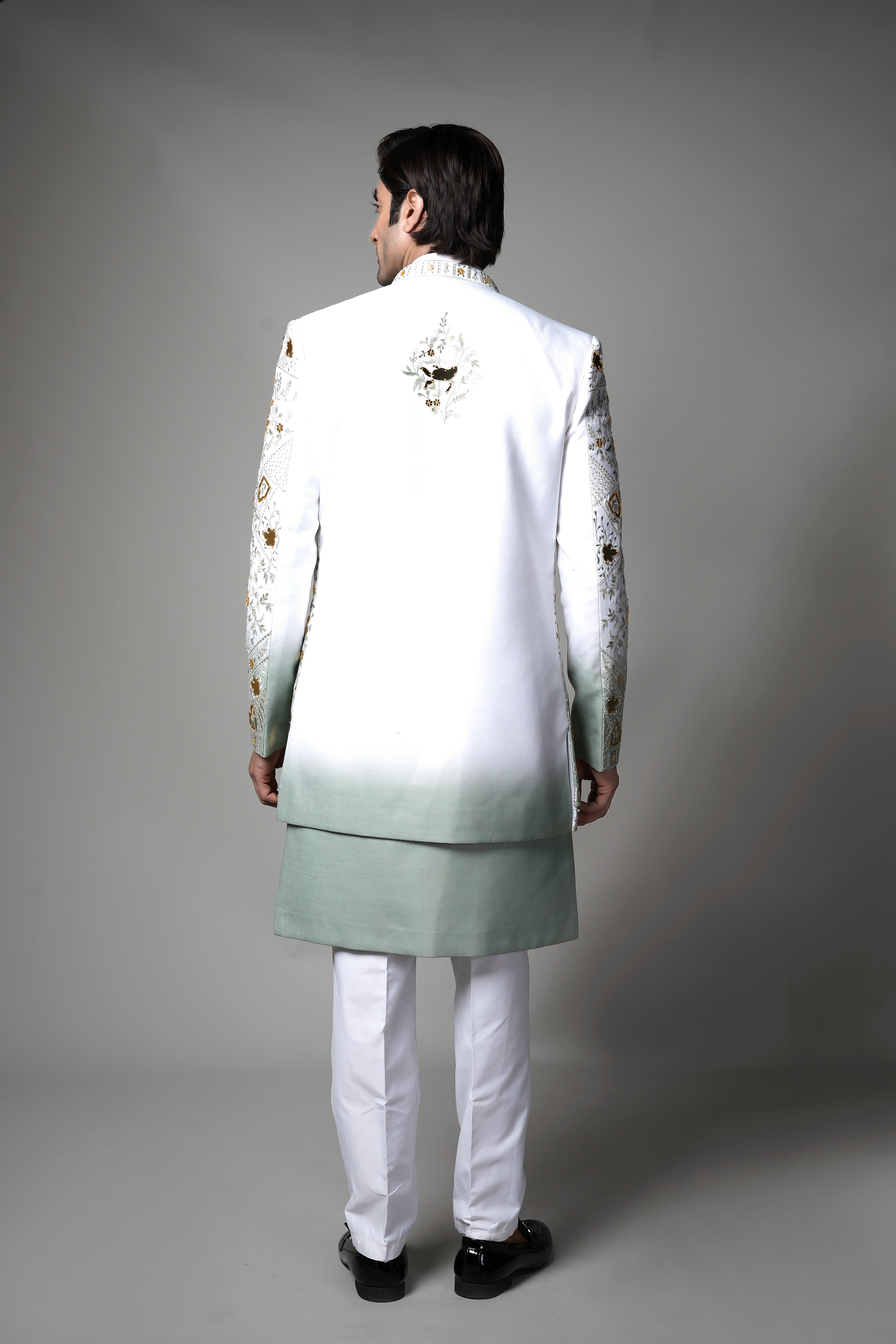 Ivory Mint Ombre Embroidered open Indo western