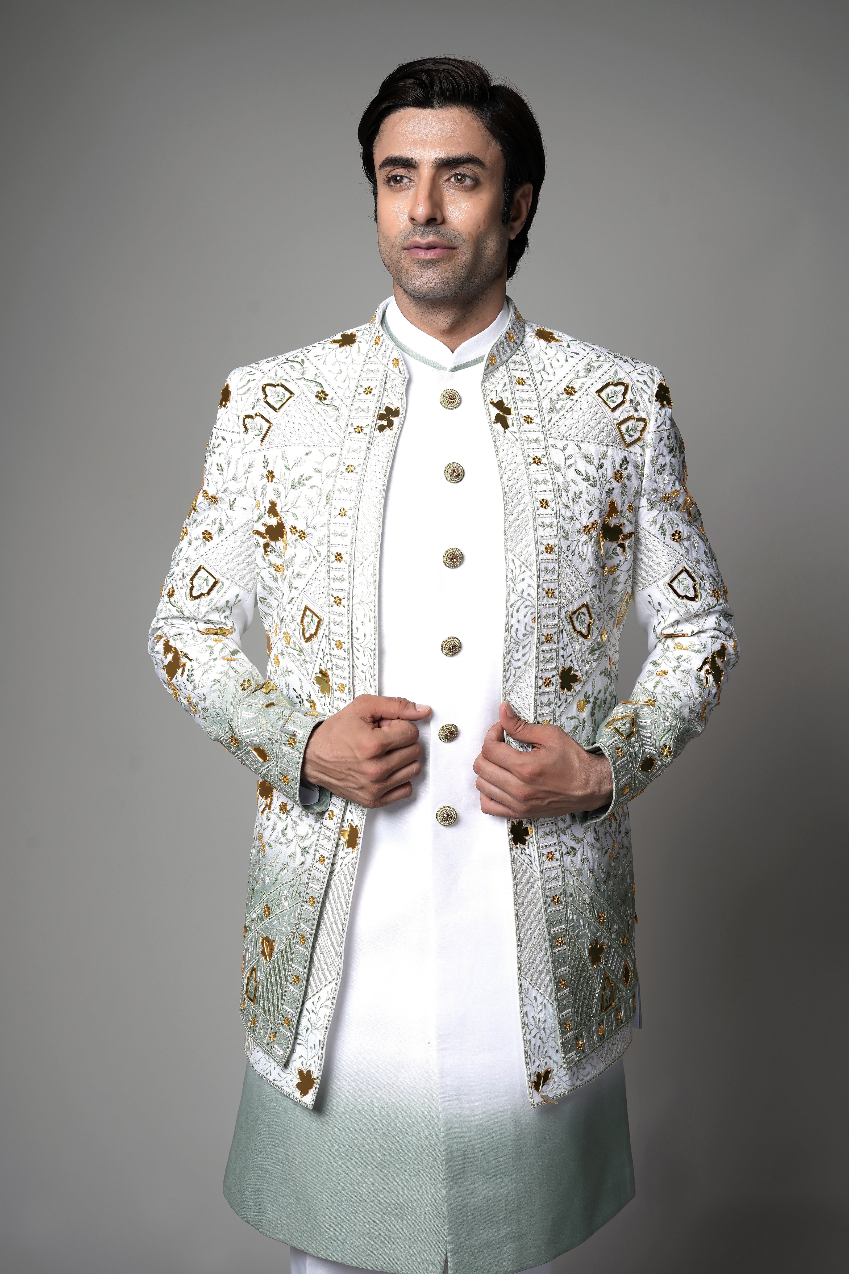 Ivory Mint Ombre Embroidered open Indo western