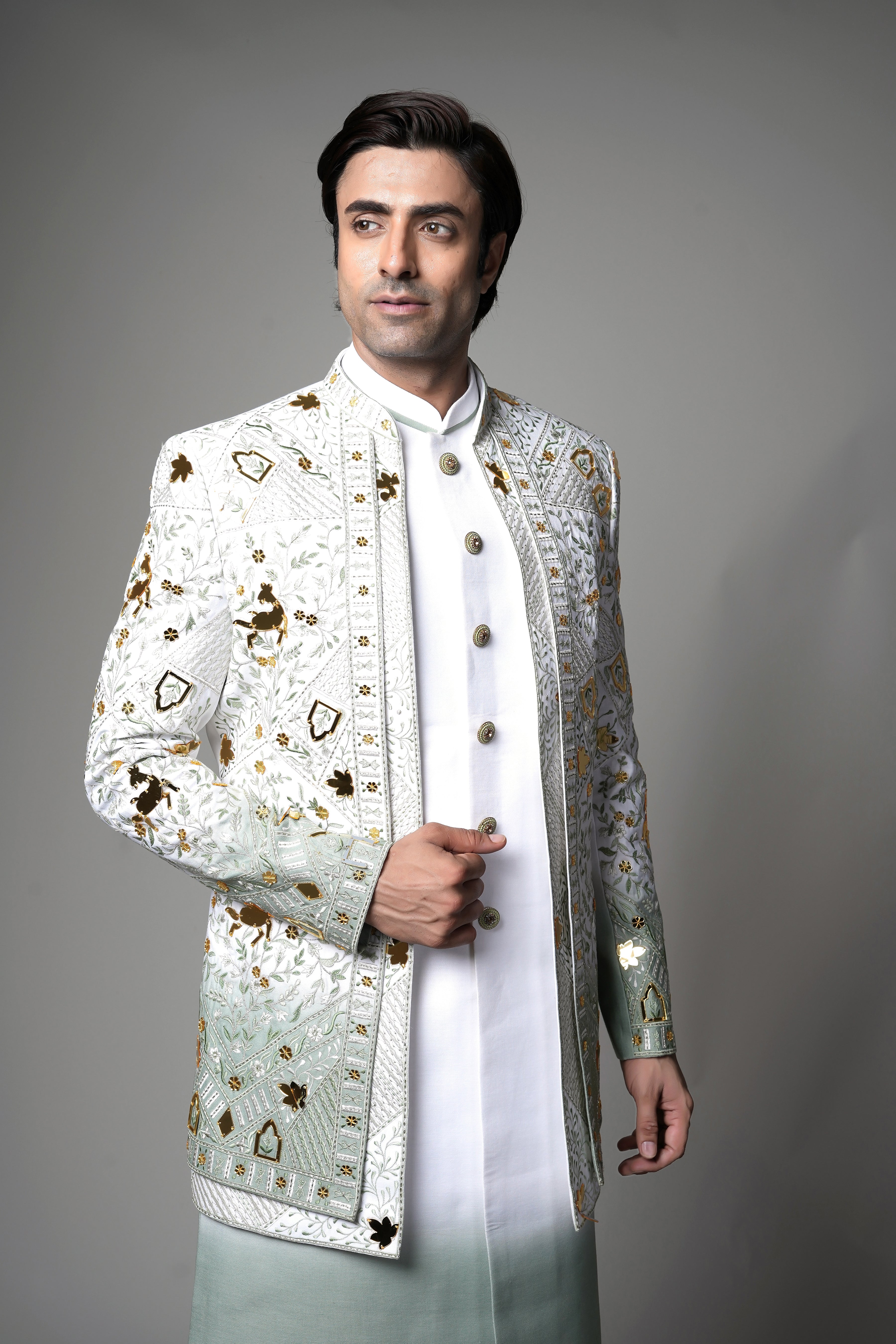 Ivory Mint Ombre Embroidered open Indo western