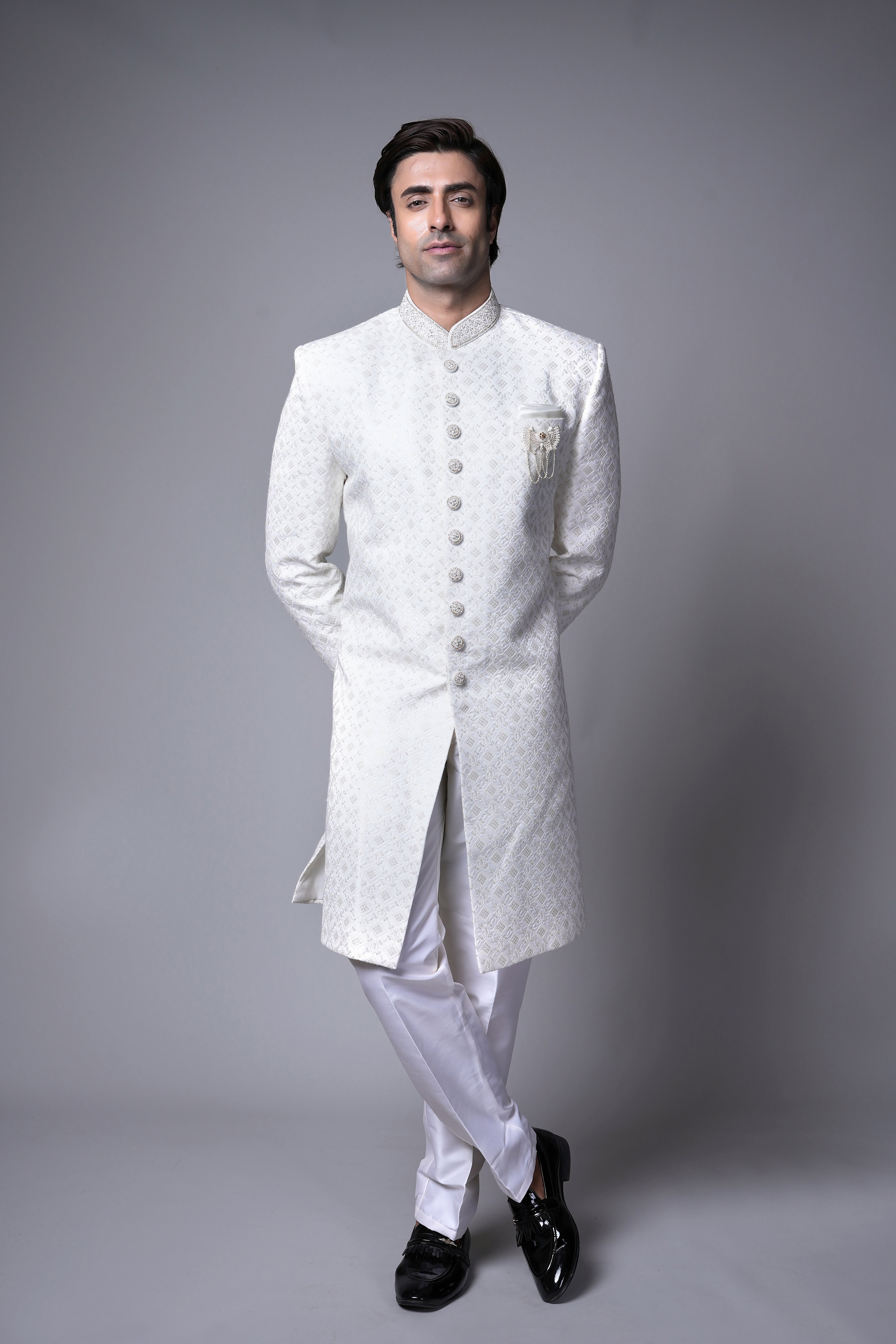 Classic Ivory Textured Indo western with Embellished Brooch