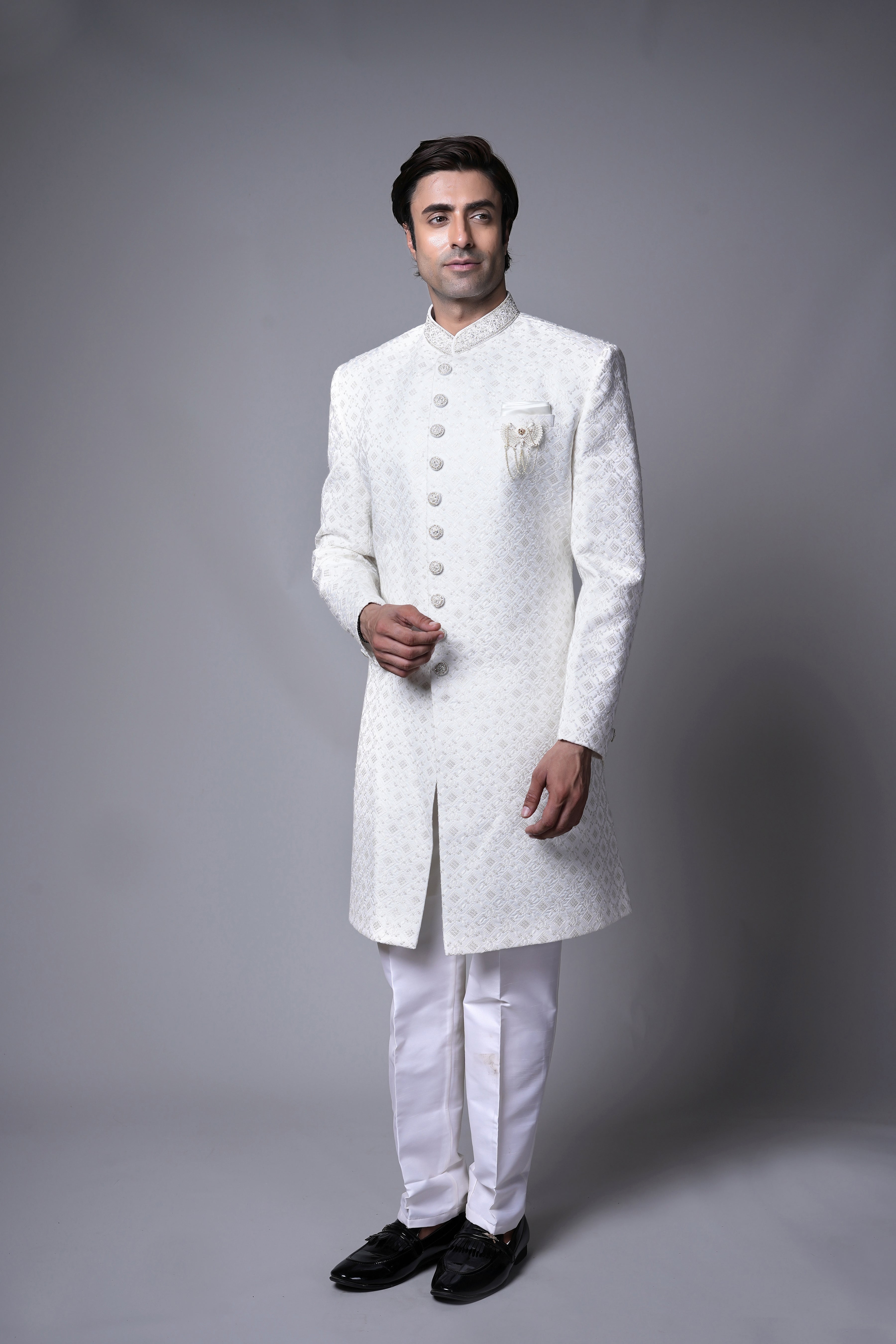 Classic Ivory Textured Indo western with Embellished Brooch