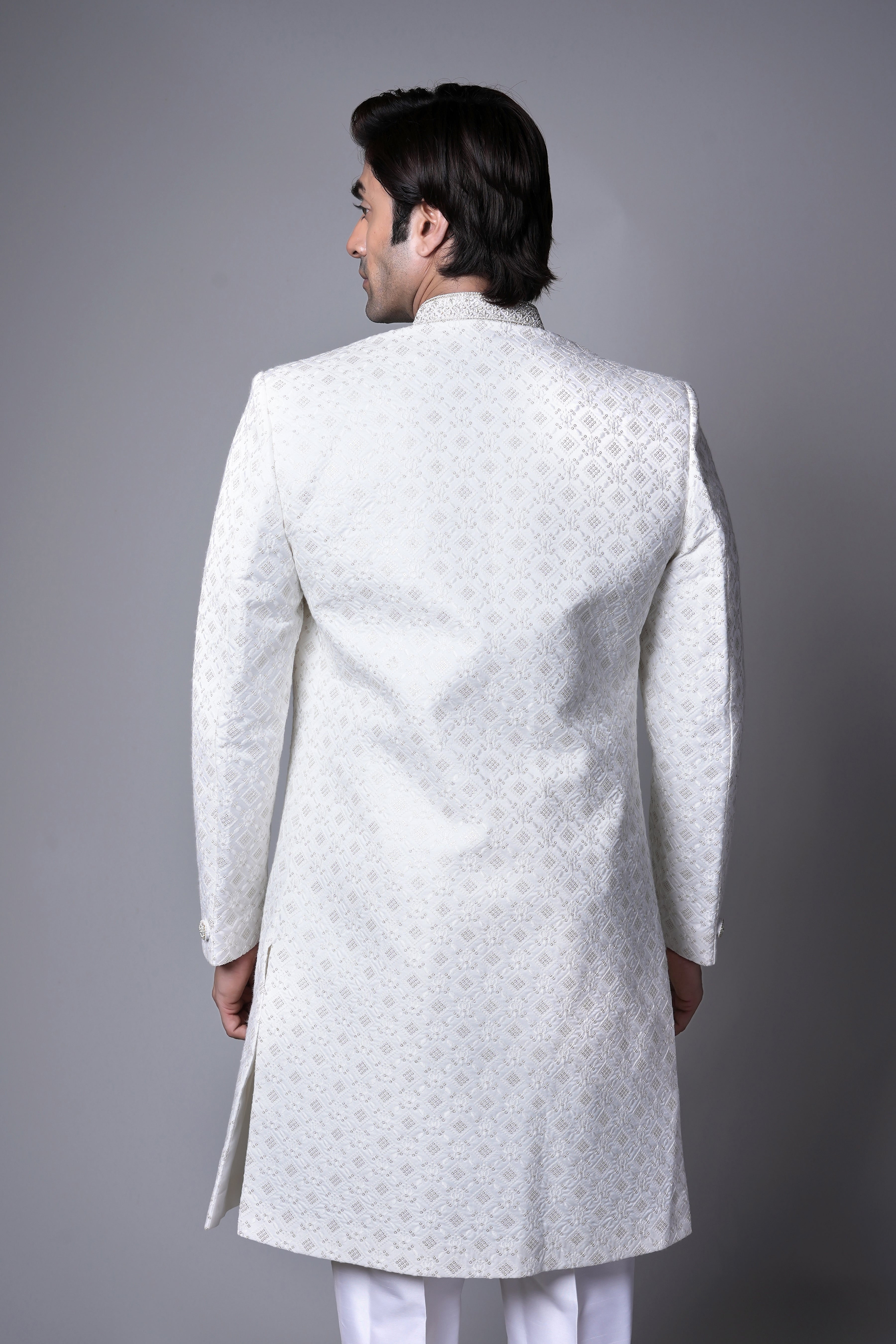 Classic Ivory Textured Indo western with Embellished Brooch