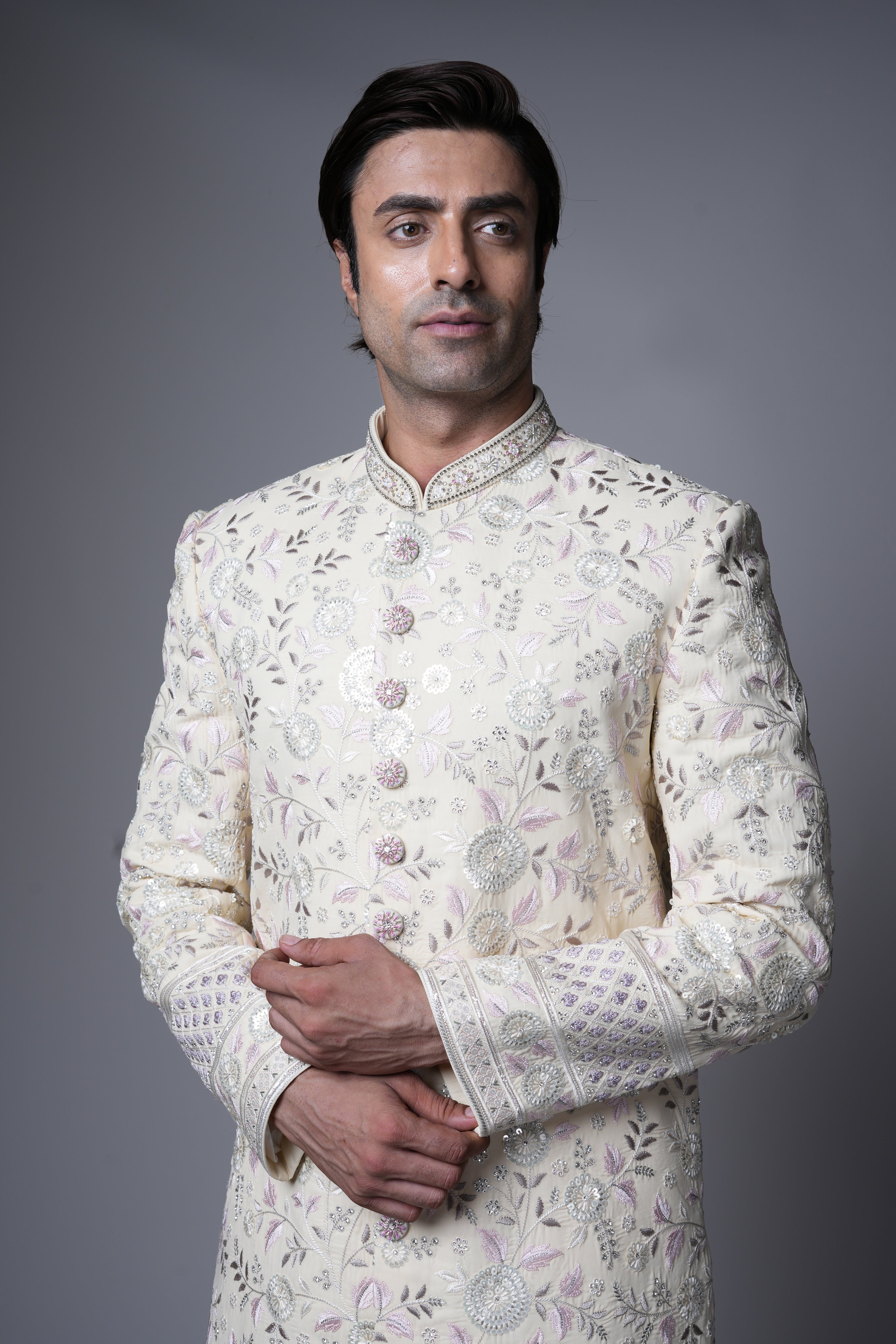 Ivory Floral Embroidered Indo western Set with Pastel Thread Detailing