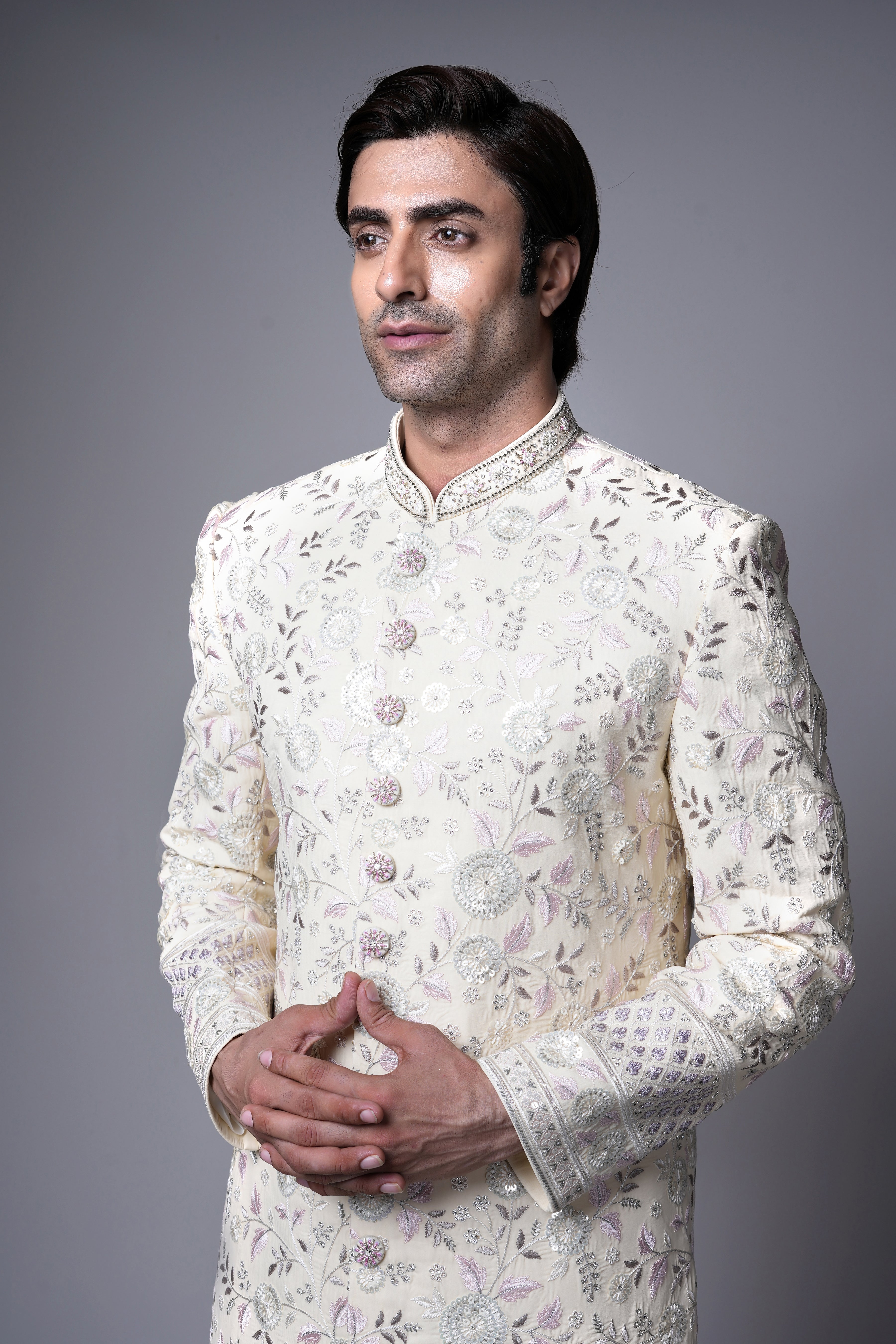 Ivory Floral Embroidered Indo western Set with Pastel Thread Detailing