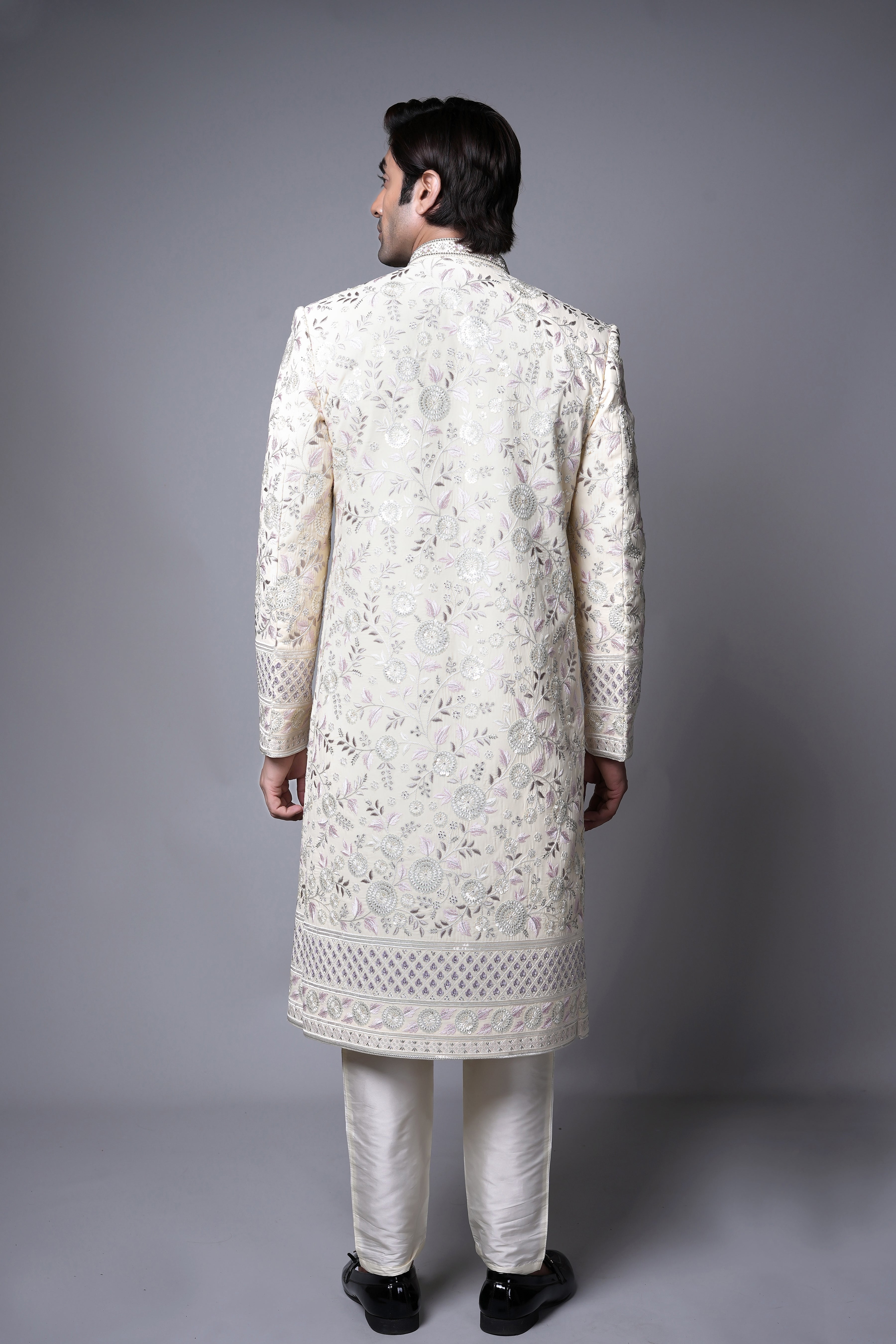 Ivory Floral Embroidered Indo western Set with Pastel Thread Detailing