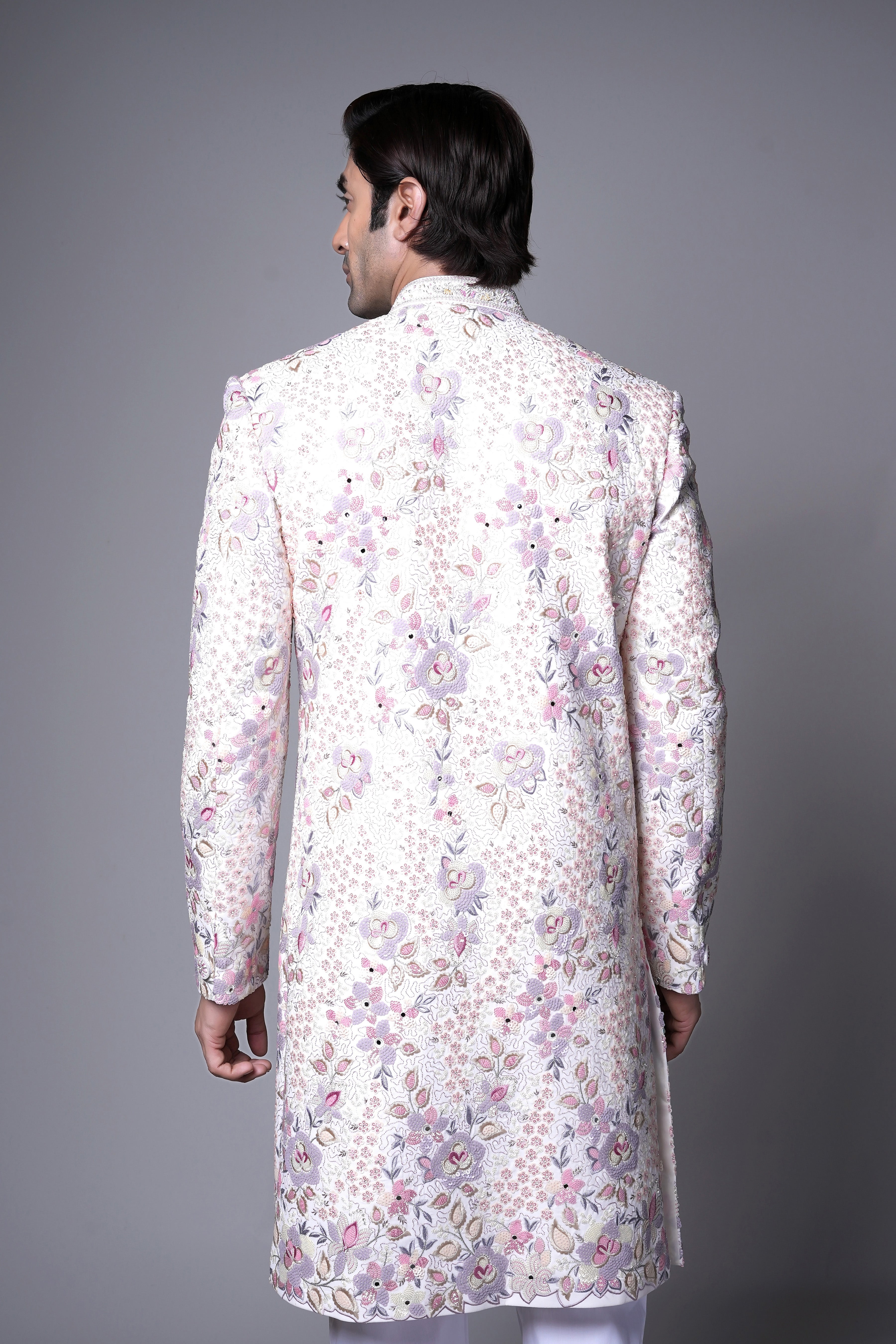 Ivory Floral Hand-Embroidered Silk Sherwani with Pastel Threadwork