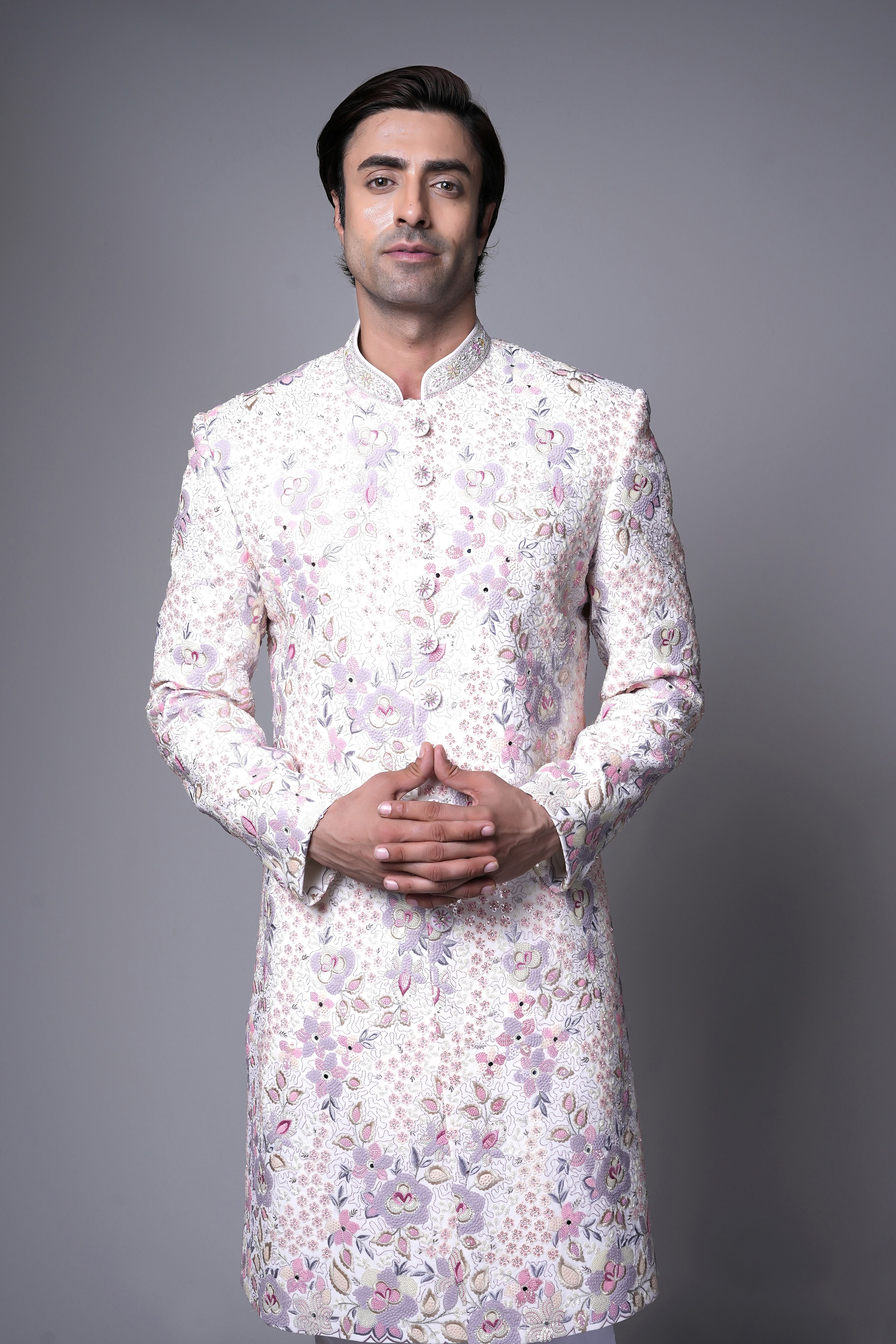 Ivory Floral Hand-Embroidered Silk Sherwani with Pastel Threadwork