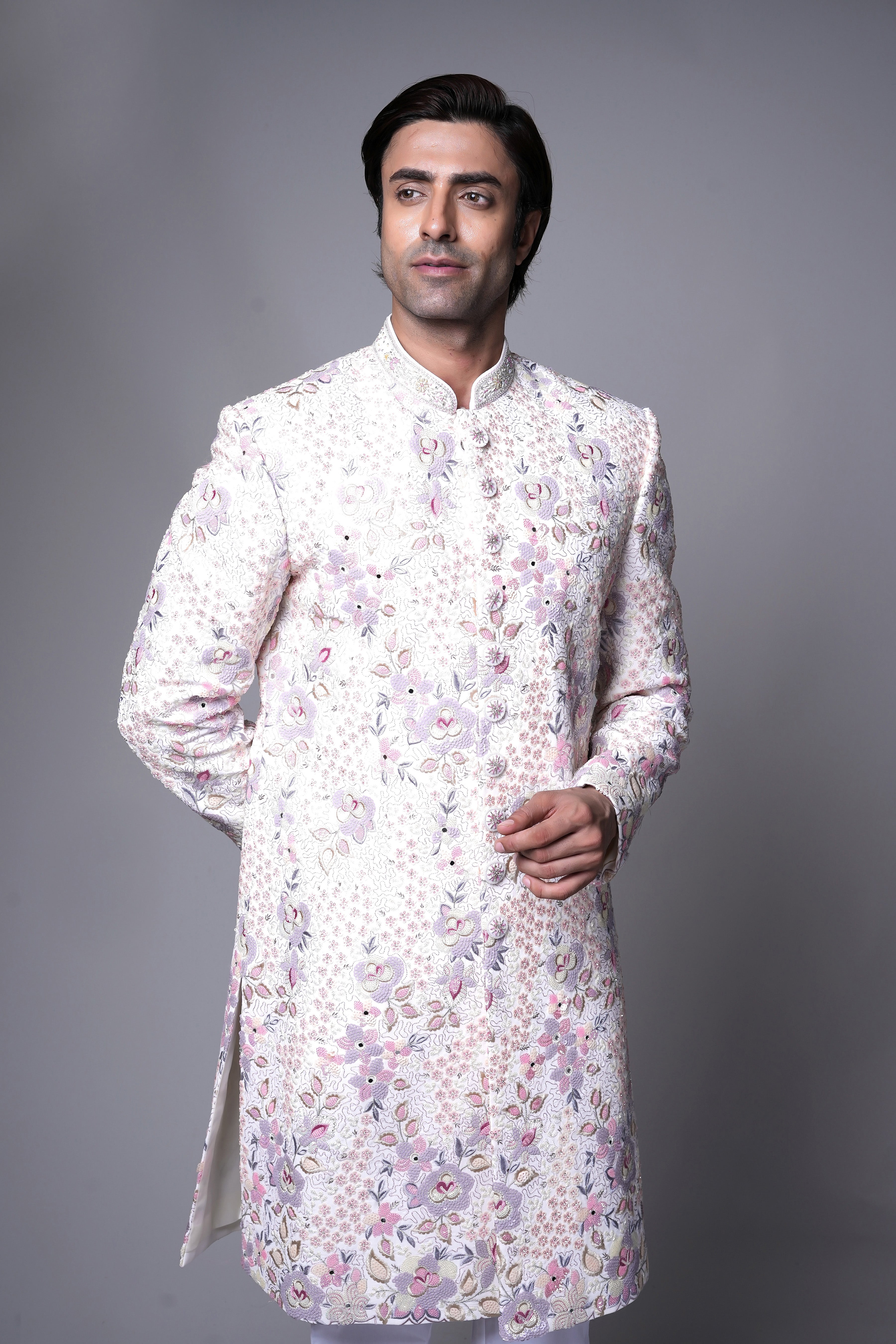 Ivory Floral Hand-Embroidered Silk Sherwani with Pastel Threadwork