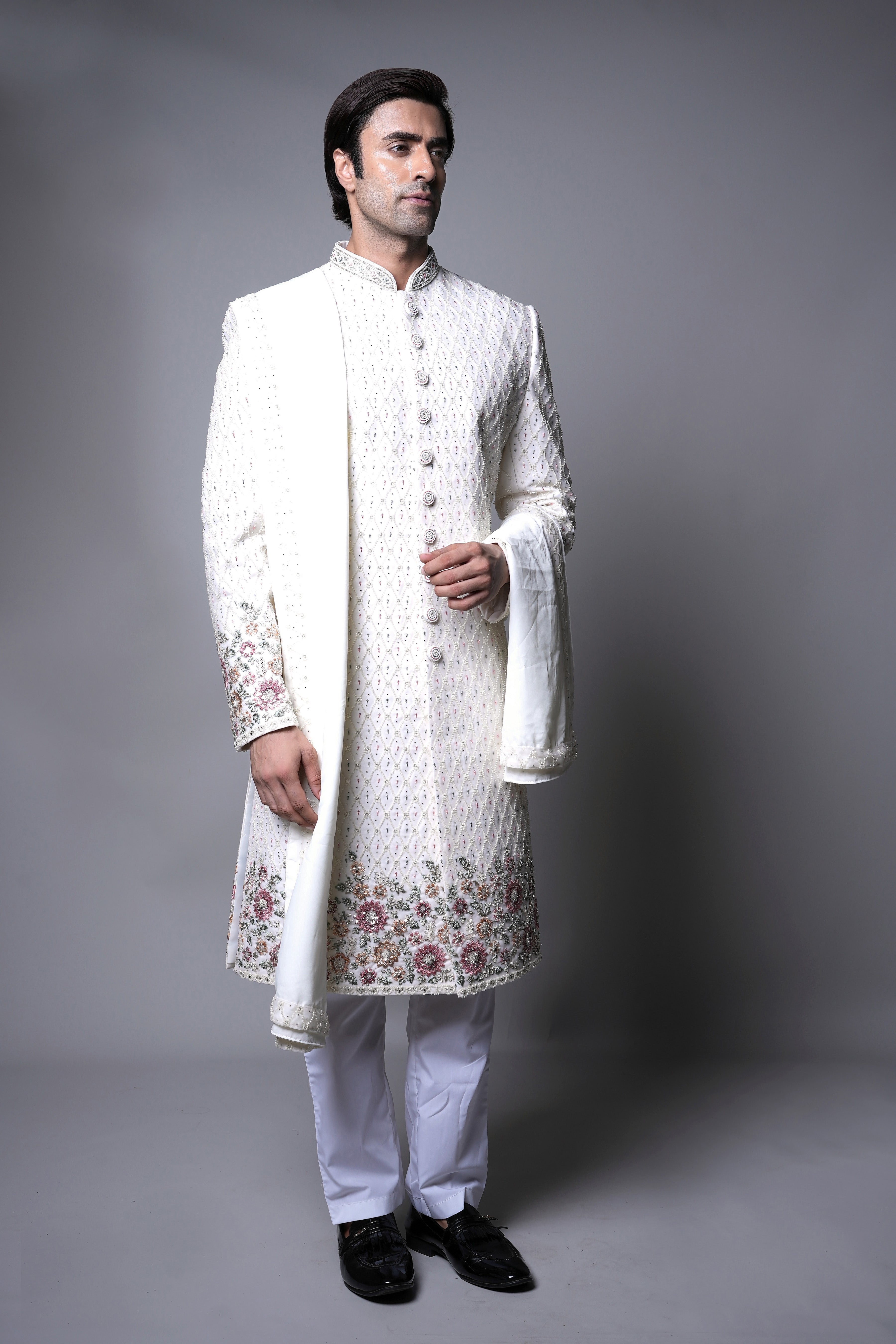 Ivory Diamond-Patterned Sherwani with Floral Hand Embroidery and Dupatta Set
